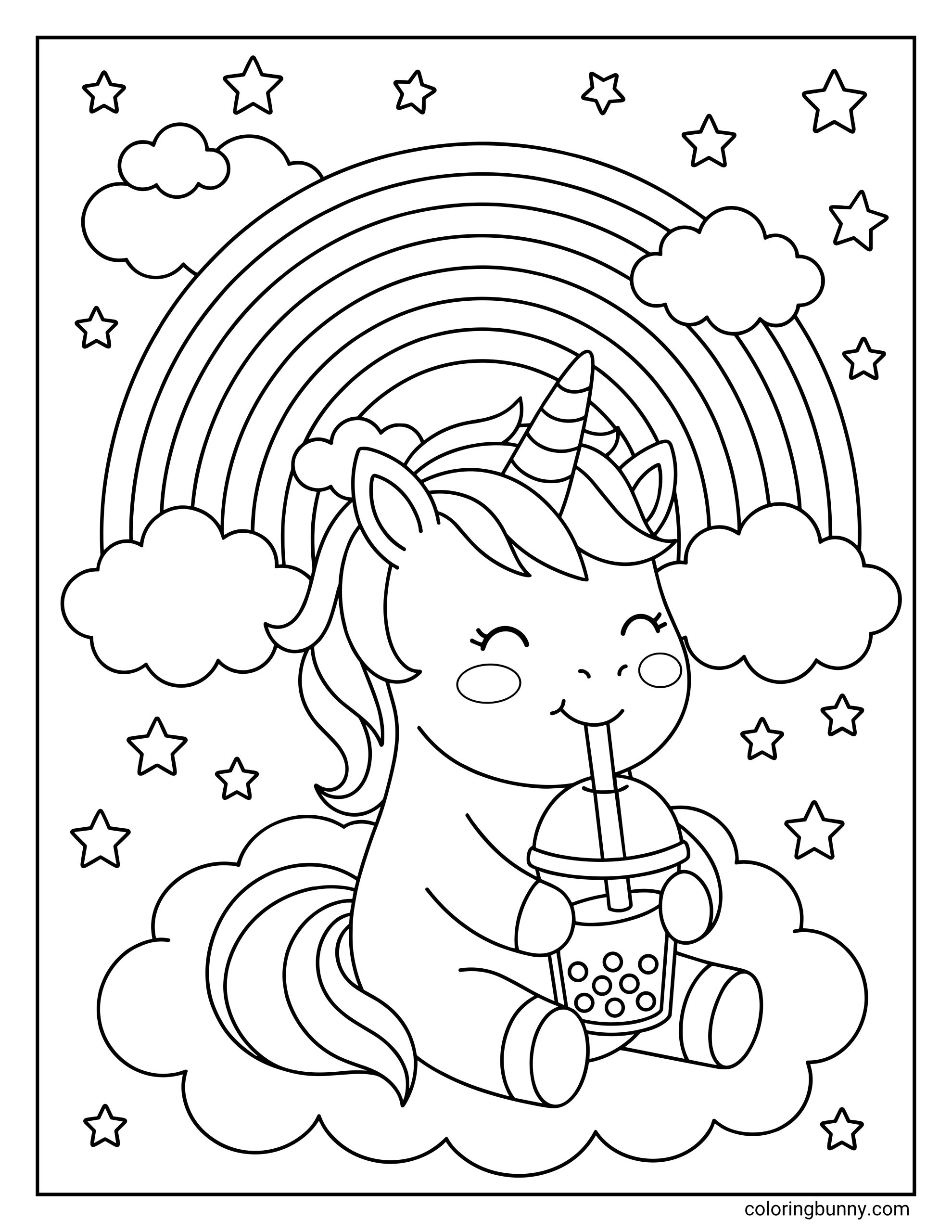 Boba tea coloring page featuring a cute smiling unicorn sitting on a fluffy cloud and sipping boba tea, with a large rainbow, puffy clouds, and scattered stars filling the background.