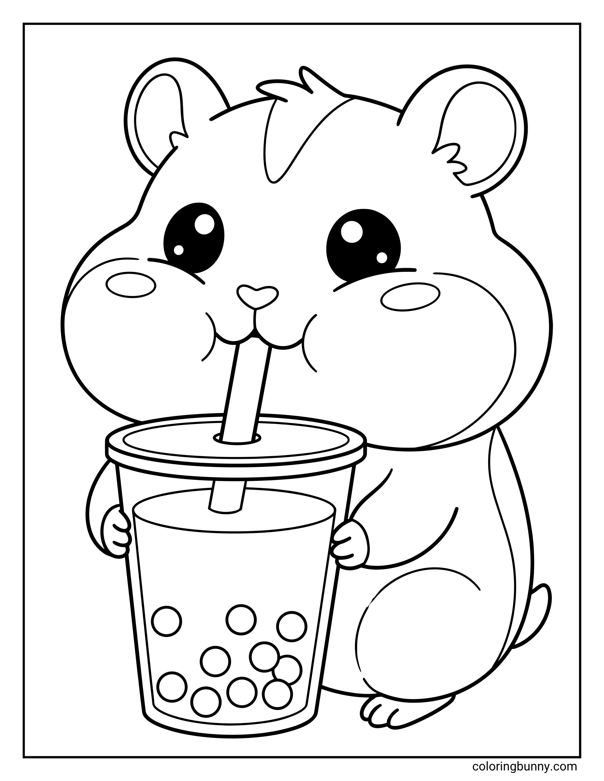 Cute hamster boba tea coloring page showing a round hamster with big sparkling eyes holding a large bubble tea cup with a straw and boba pearls inside.
