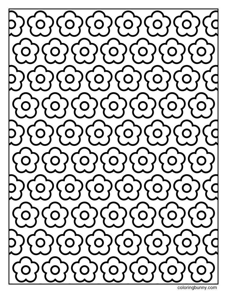 Daisy flower pattern coloring page featuring rows of simple five-petal flowers with round centers repeated across the entire page.