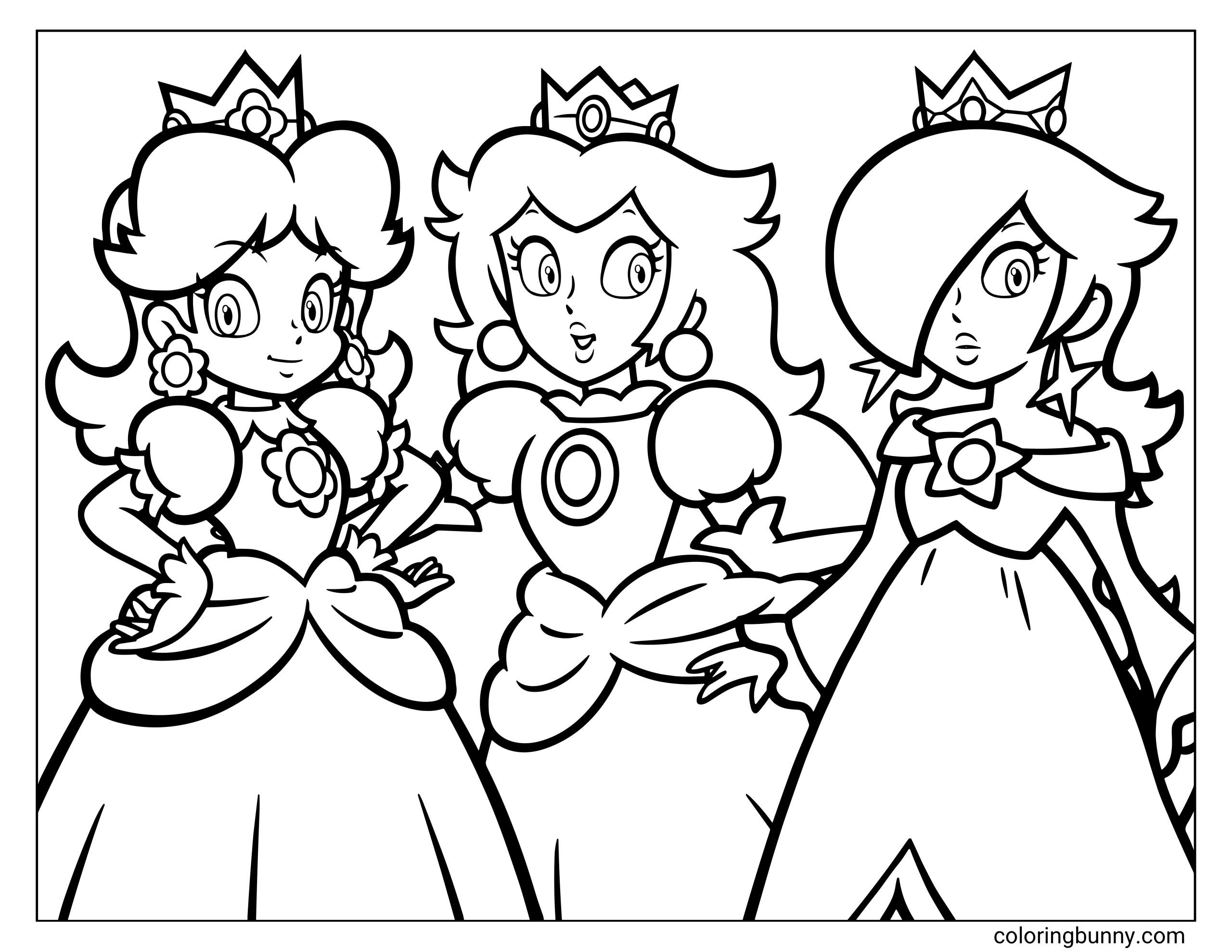 Coloring page of Princess Daisy, Princess Peach, and Princess Rosalina standing side by side in their royal dresses, crowns, and character accessories.
