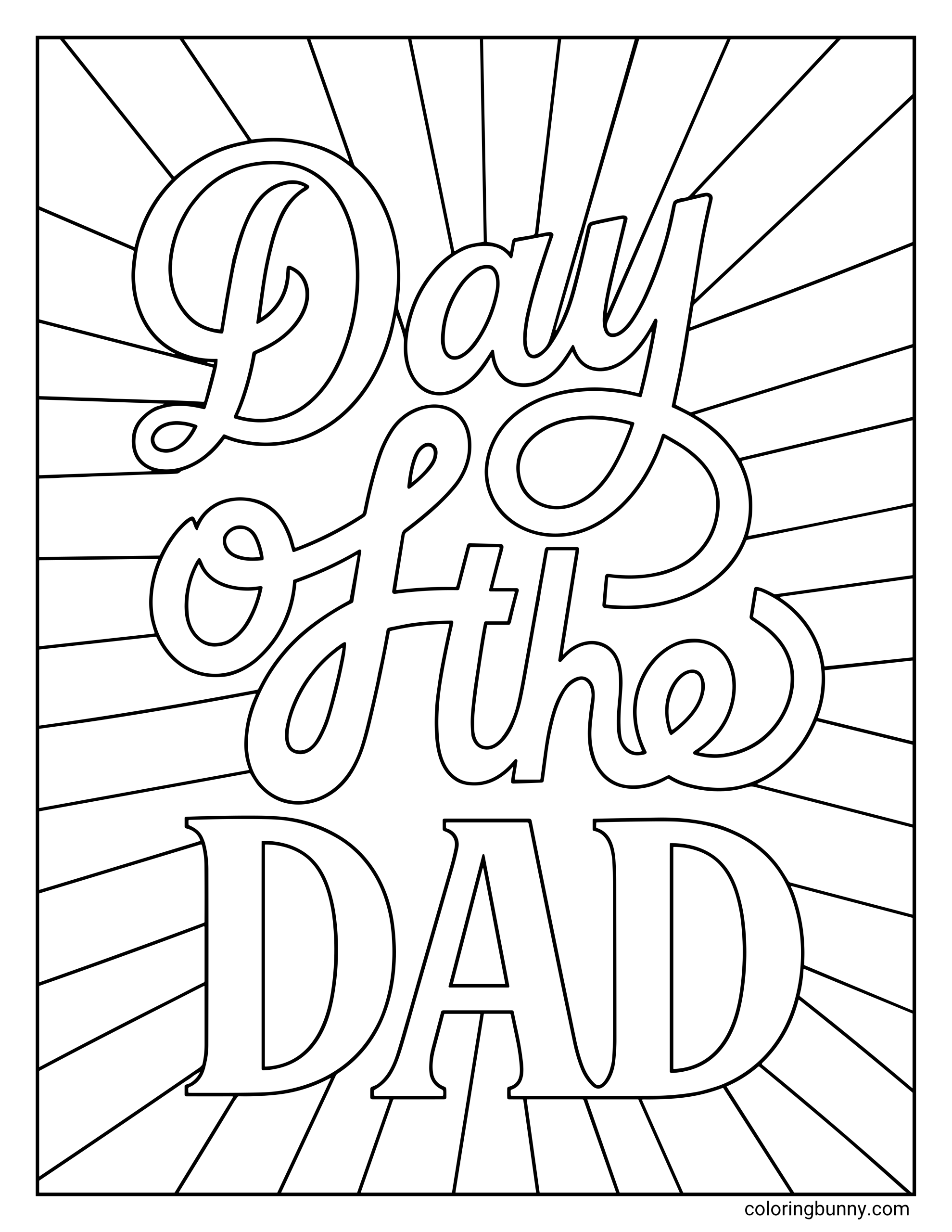 coloring page for Father's Day showcasing a crisp graphic with clean outlines, highlighting the words "Day of the DAD" nestled over dozens of radiating background sunbeams.