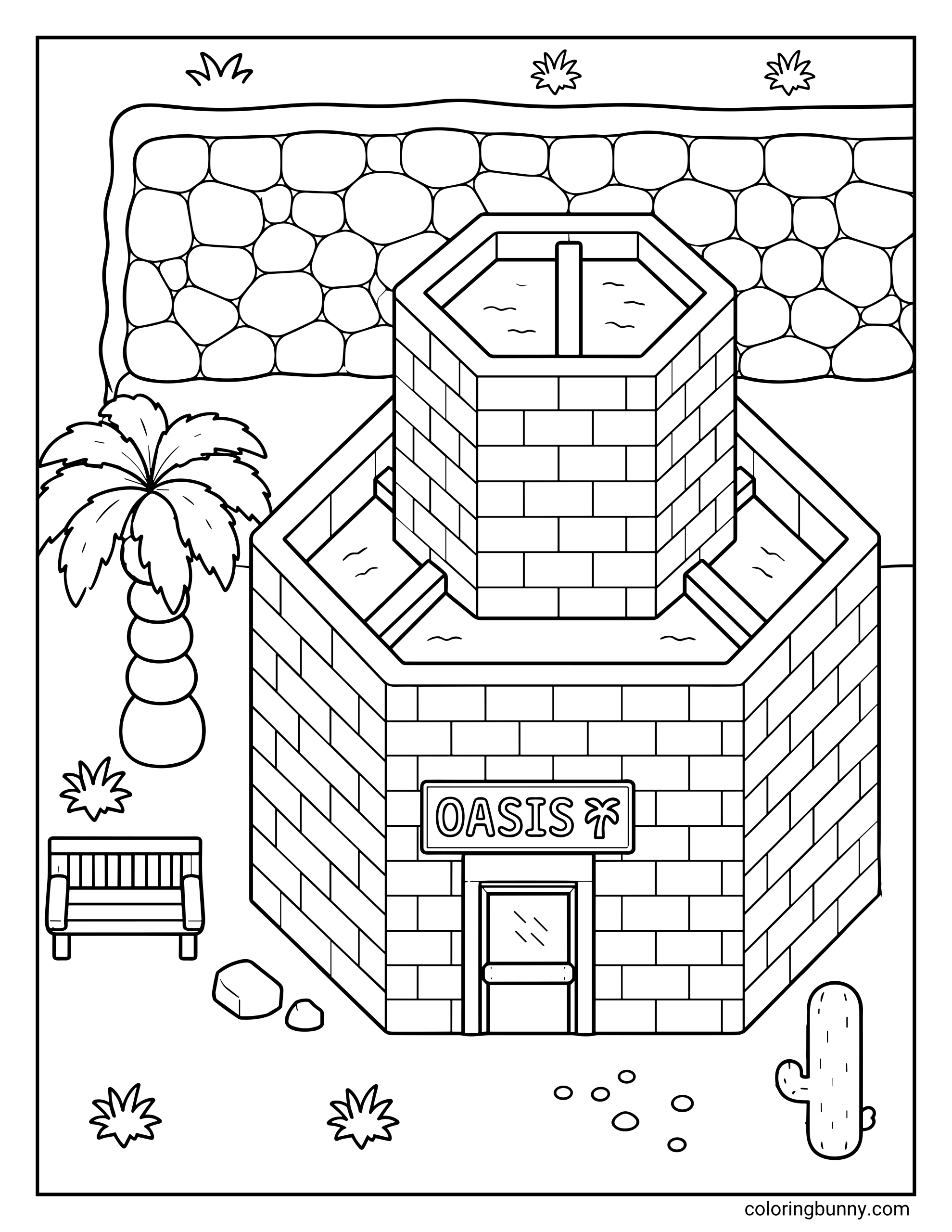 A Stardew Valley coloring page of Sandy's Oasis store in the Calico Desert, showcasing its unique tiered architectural design surrounded by cacti and a palm tree.
