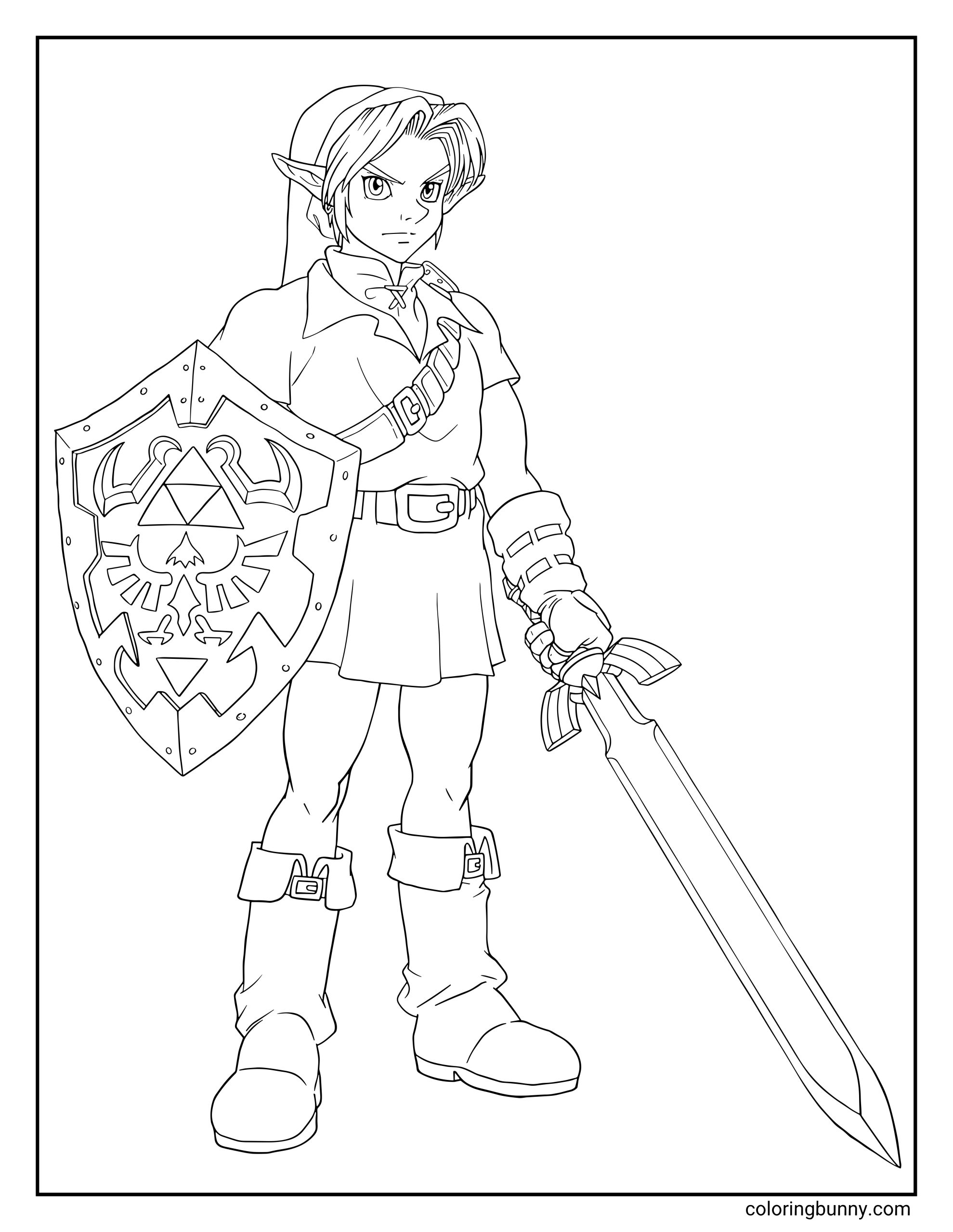Coloring page of Link from Zelda with a sword, Hylian shield, pointed ears, serious expression, detailed tunic, belt, boots, and shoulder strap.