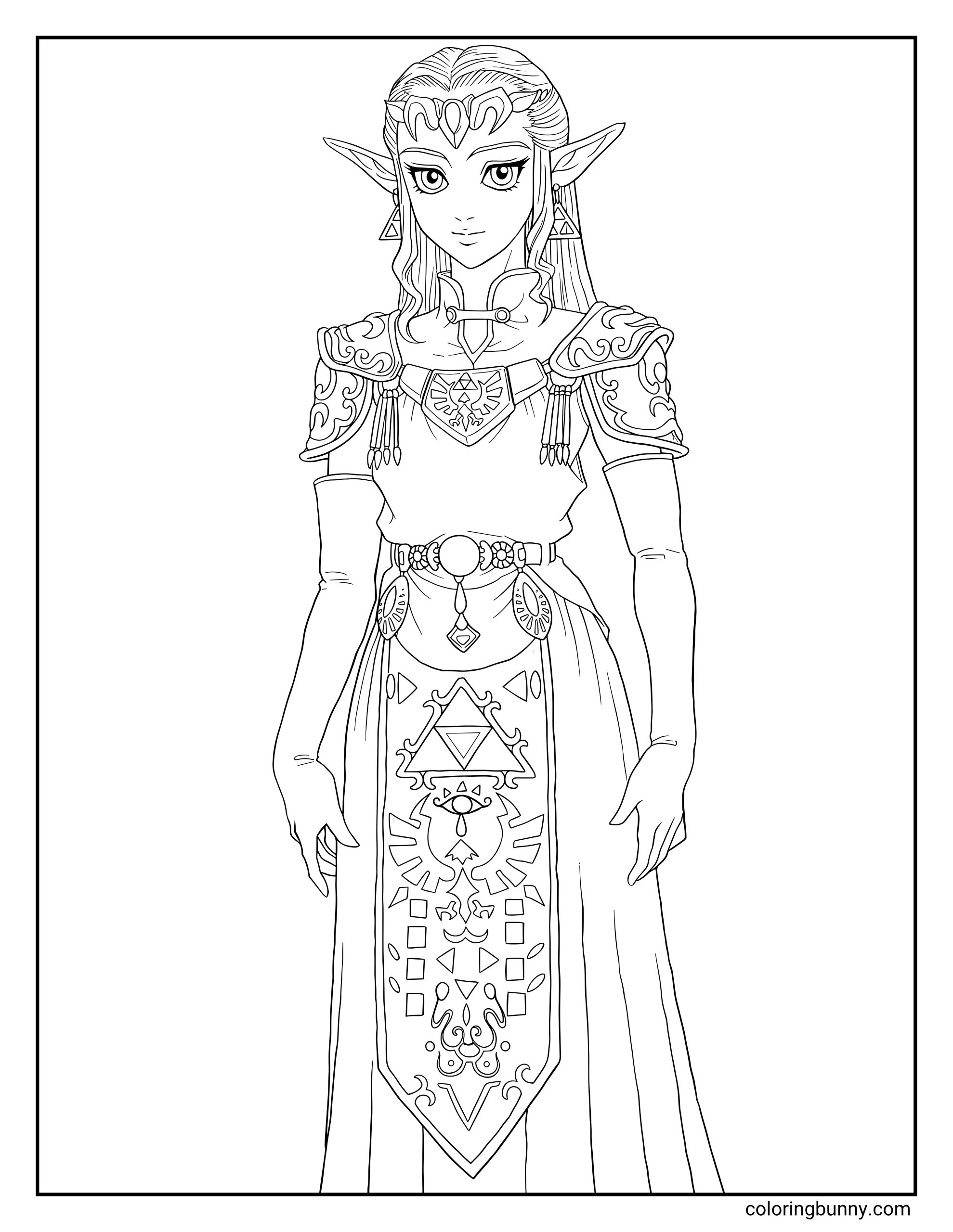 Detailed Princess Zelda coloring page showing Zelda standing in an ornate royal gown with pointed ears, jeweled headpiece, shoulder armor, earrings, belt, gloves, and Triforce dress patterns.