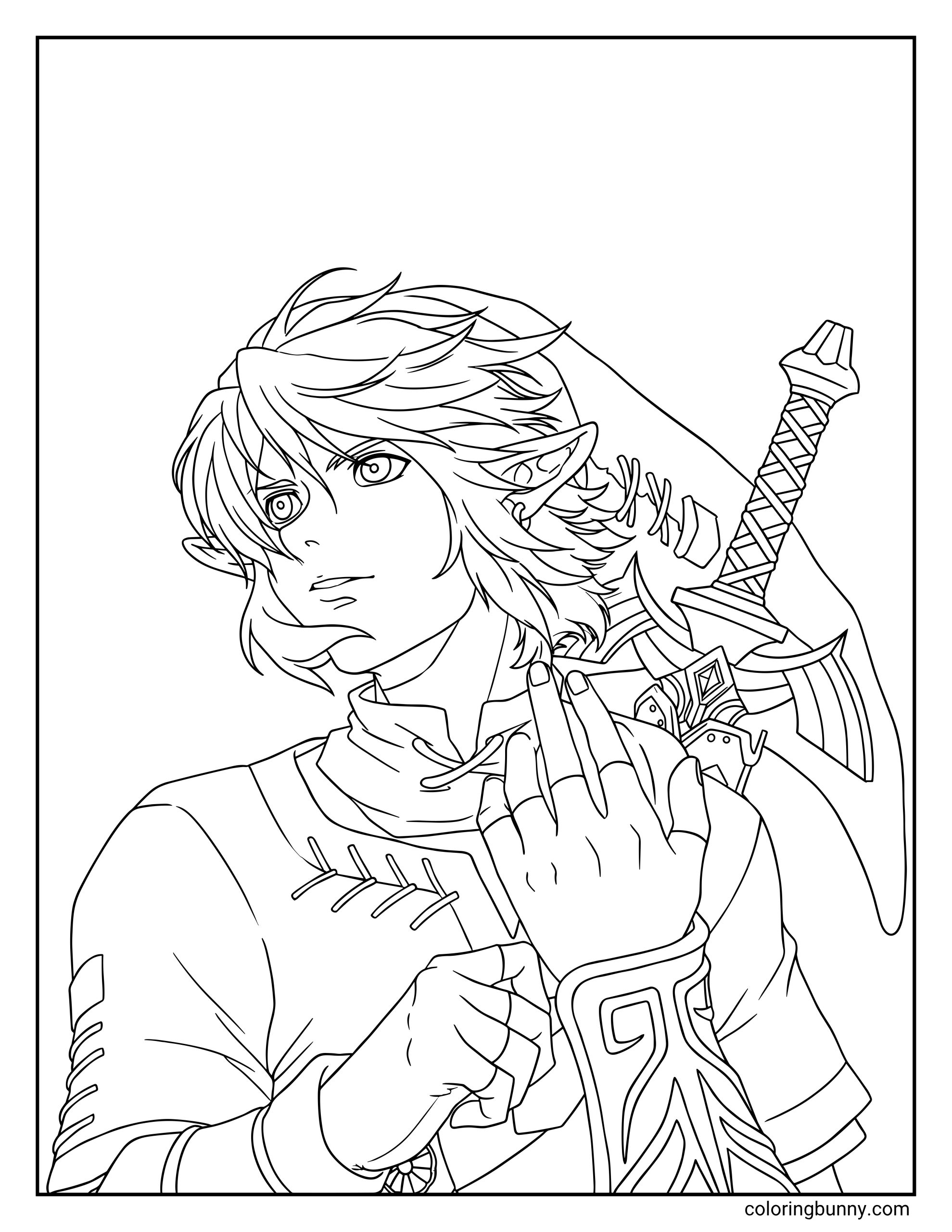 Detailed Link Zelda coloring page showing Link up close with pointed ears, layered hair, sword handle, shoulder gear, gloves, wrist guard, and focused expression.