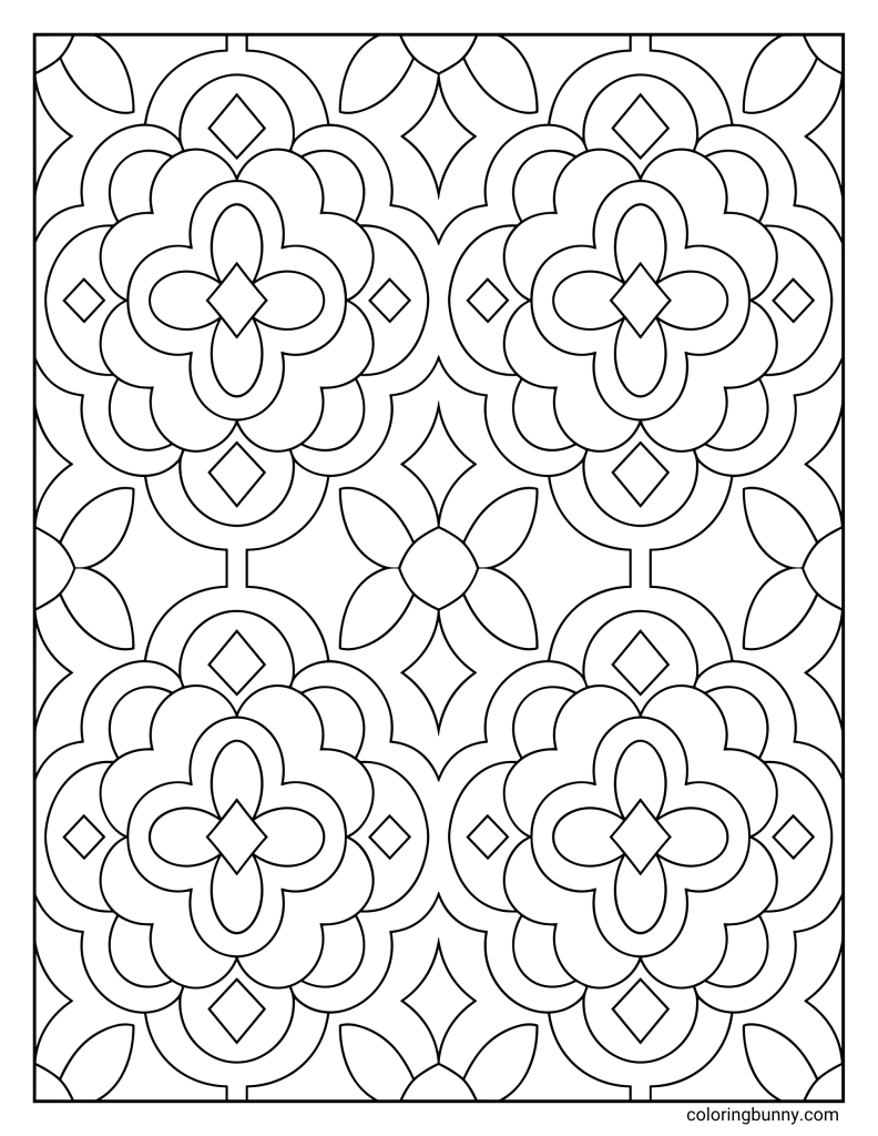 Geometric pattern coloring page featuring four large floral medallions with layered petals, diamond centers, curved arches, and smaller flower shapes arranged in a repeating symmetrical layout.