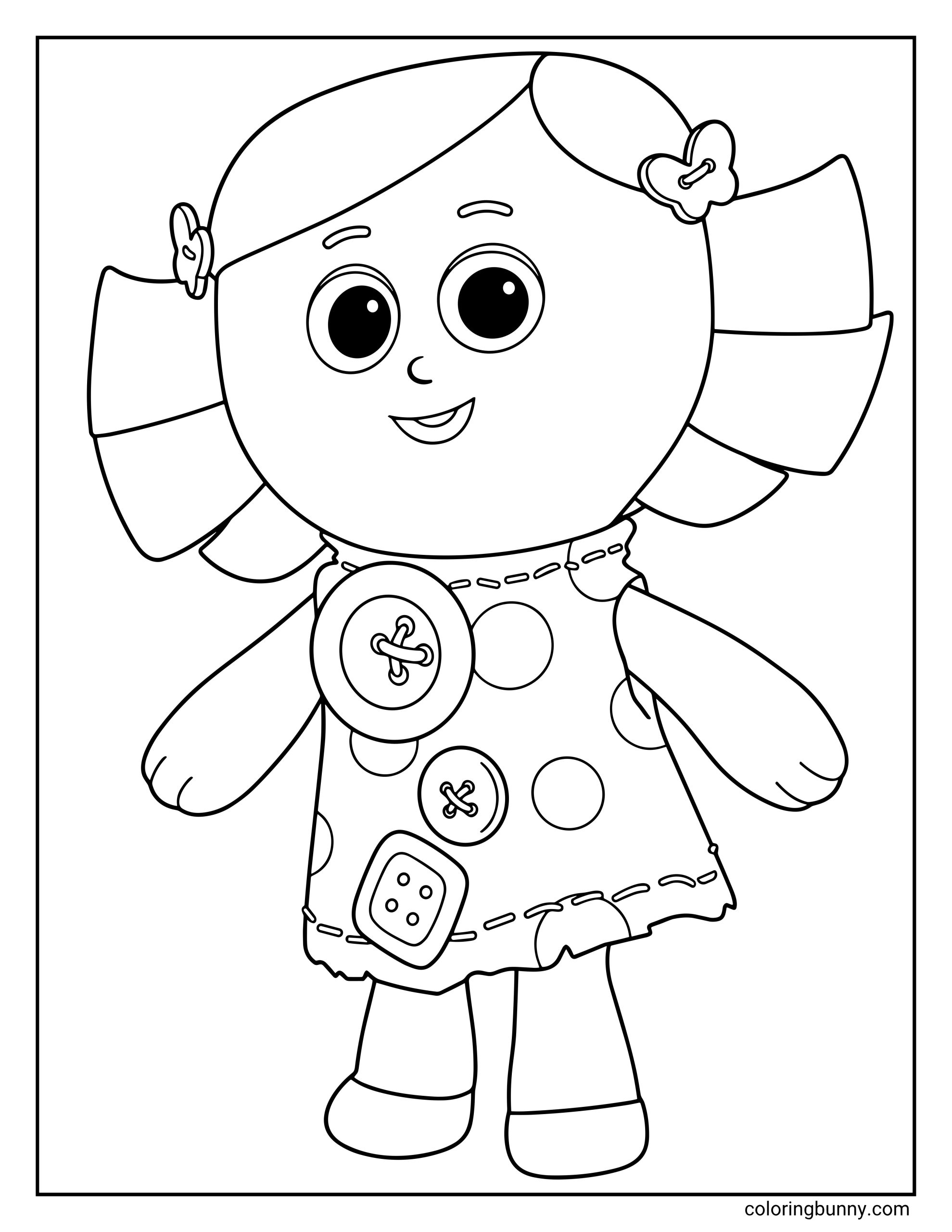 Coloring page of Dolly from Toy Story showing the rag doll with big circular eyes, a happy smile, bow clips, pigtail-like hair, a stitched dress with button accents, and a simple full-body pose.