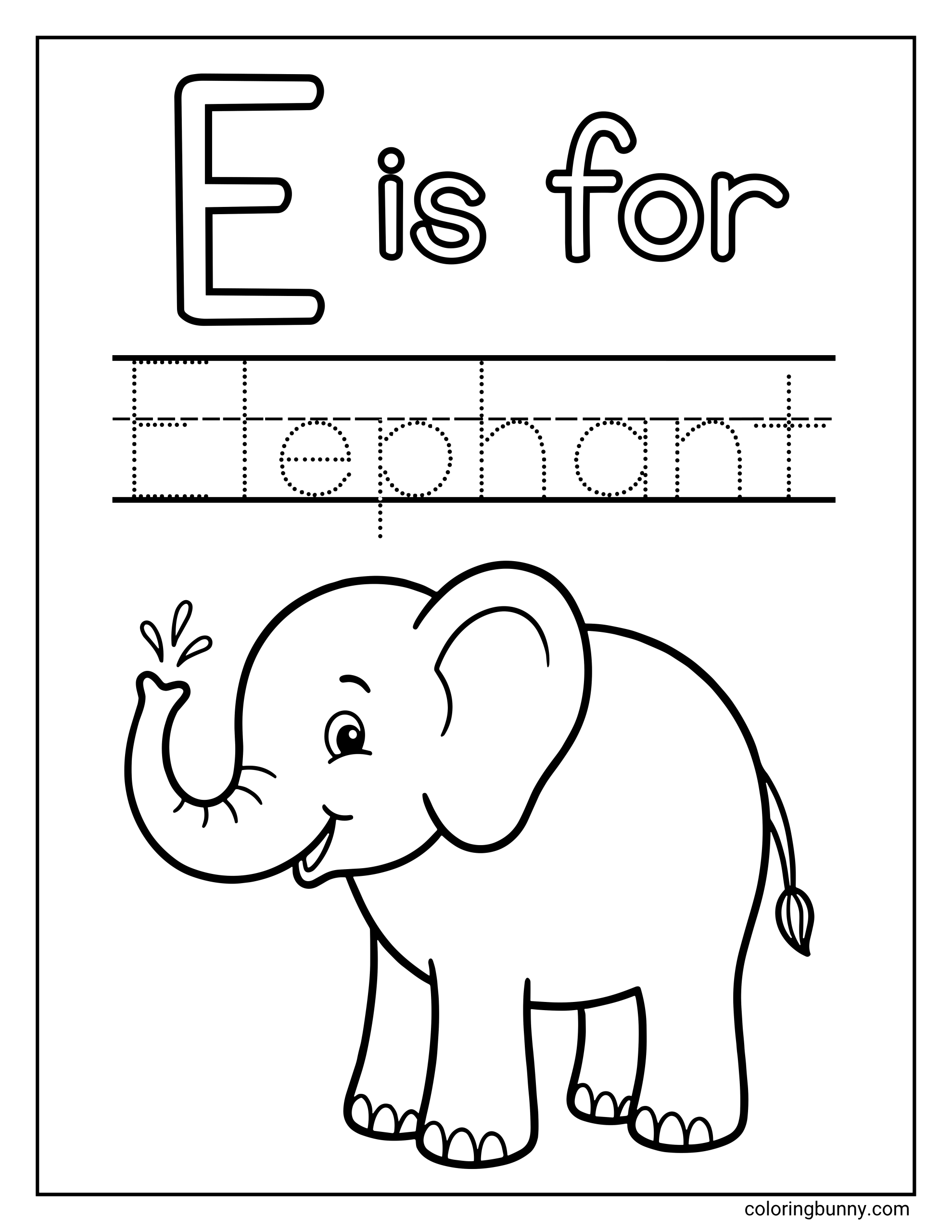 An educational alphabet coloring page featuring a cute, smiling baby elephant spraying water droplets from its trunk beneath the large letters "E is for" and a dotted tracing guide for the word "Elephant".