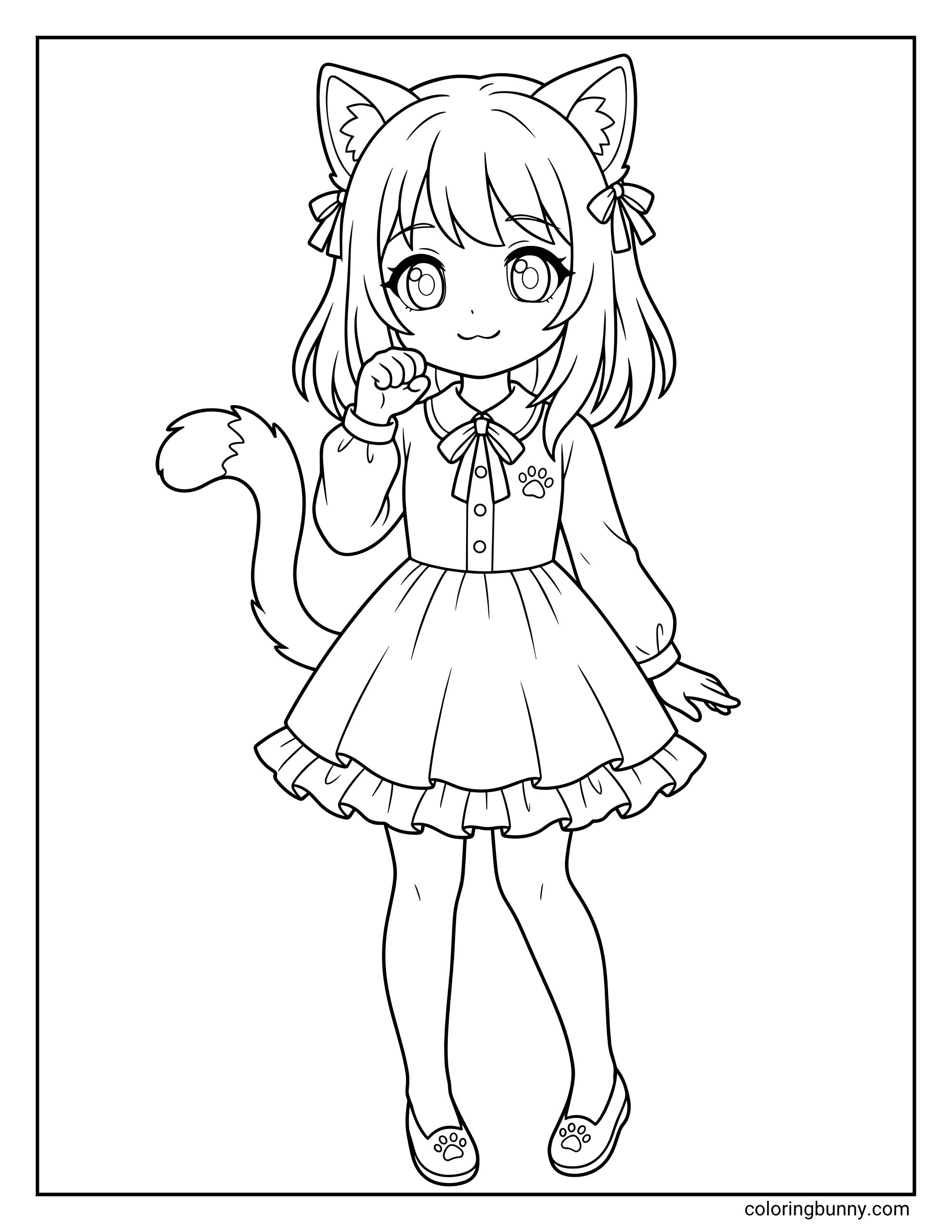 Anime girl coloring page showing a full-length portrait of a cute cat girl standing with her right hand raised in a paw gesture, featuring large pointed cat ears, a long fluffy tail curling upwards, a collared dress with a tiny paw print emblem, and flat shoes.