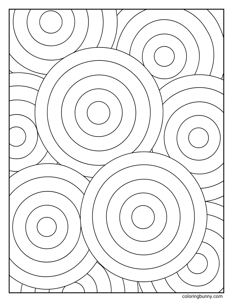 Easy circle pattern coloring page featuring large overlapping concentric circles in different sizes, with ring shapes layered across the page inside a simple border.
