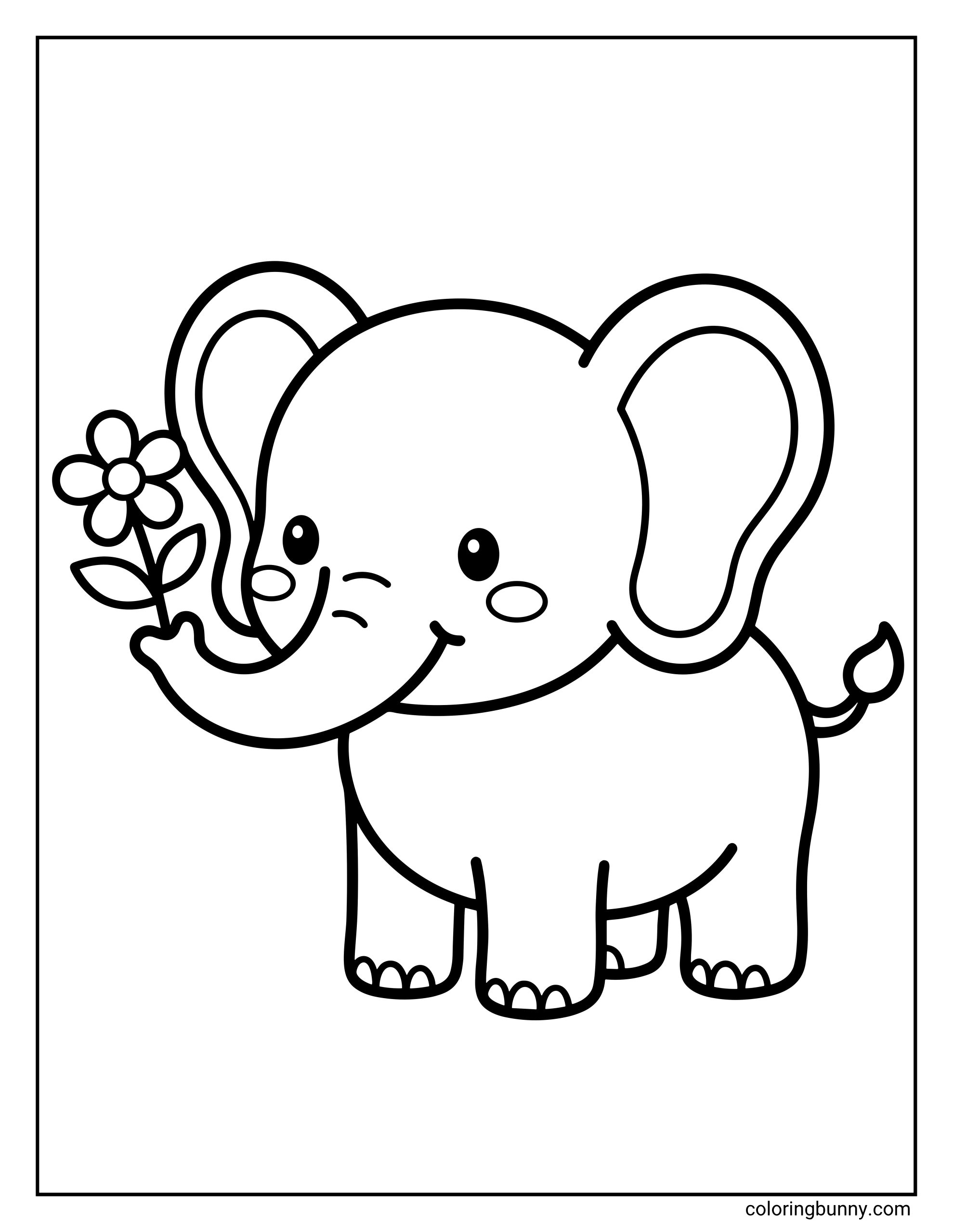 A cute and simple baby elephant coloring page walking forward while holding a small, blooming flower gently in its trunk.