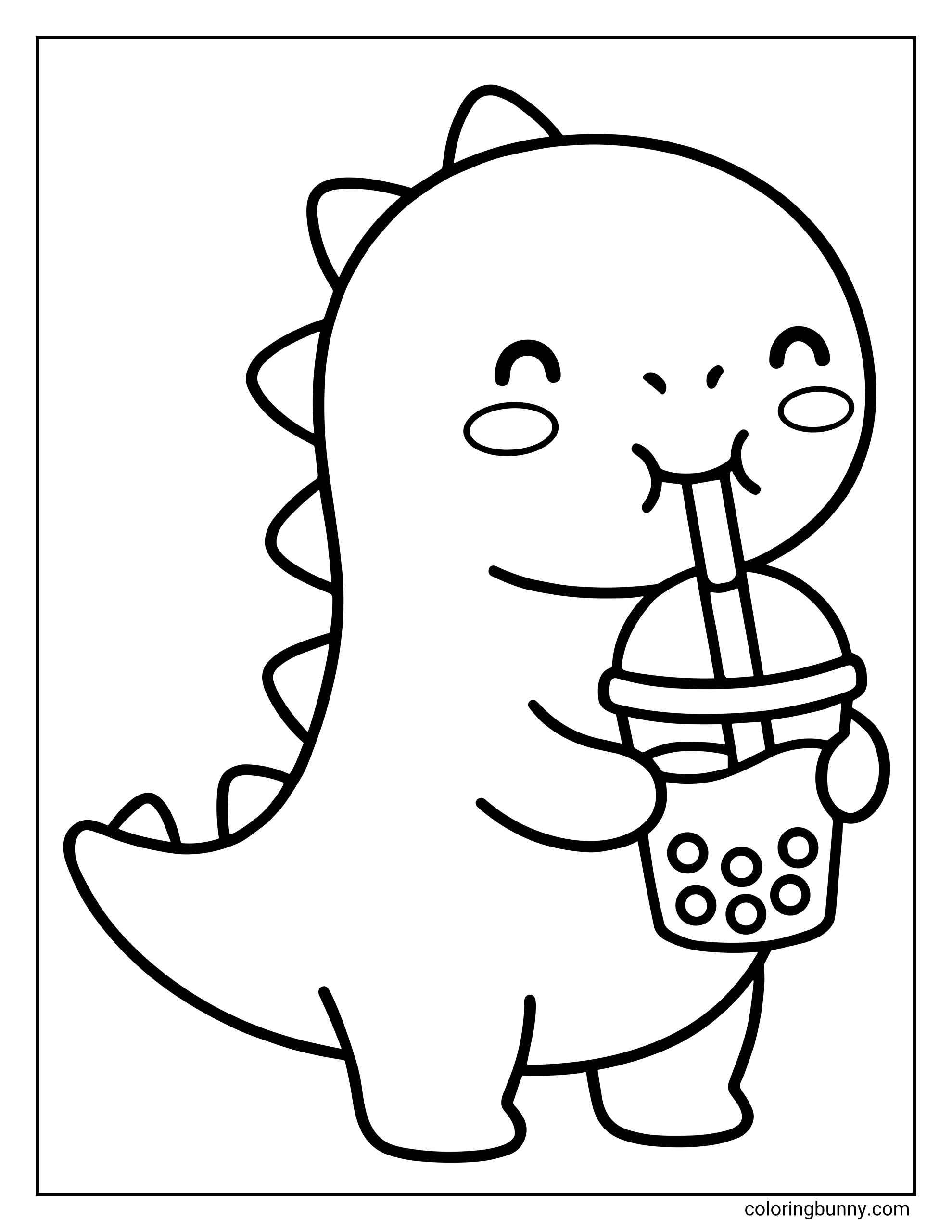 Boba tea coloring page showcasing a cute cartoon dinosaur with smooth spikes along its back holding a plastic dome-lid cup filled with round tapioca pearls.
