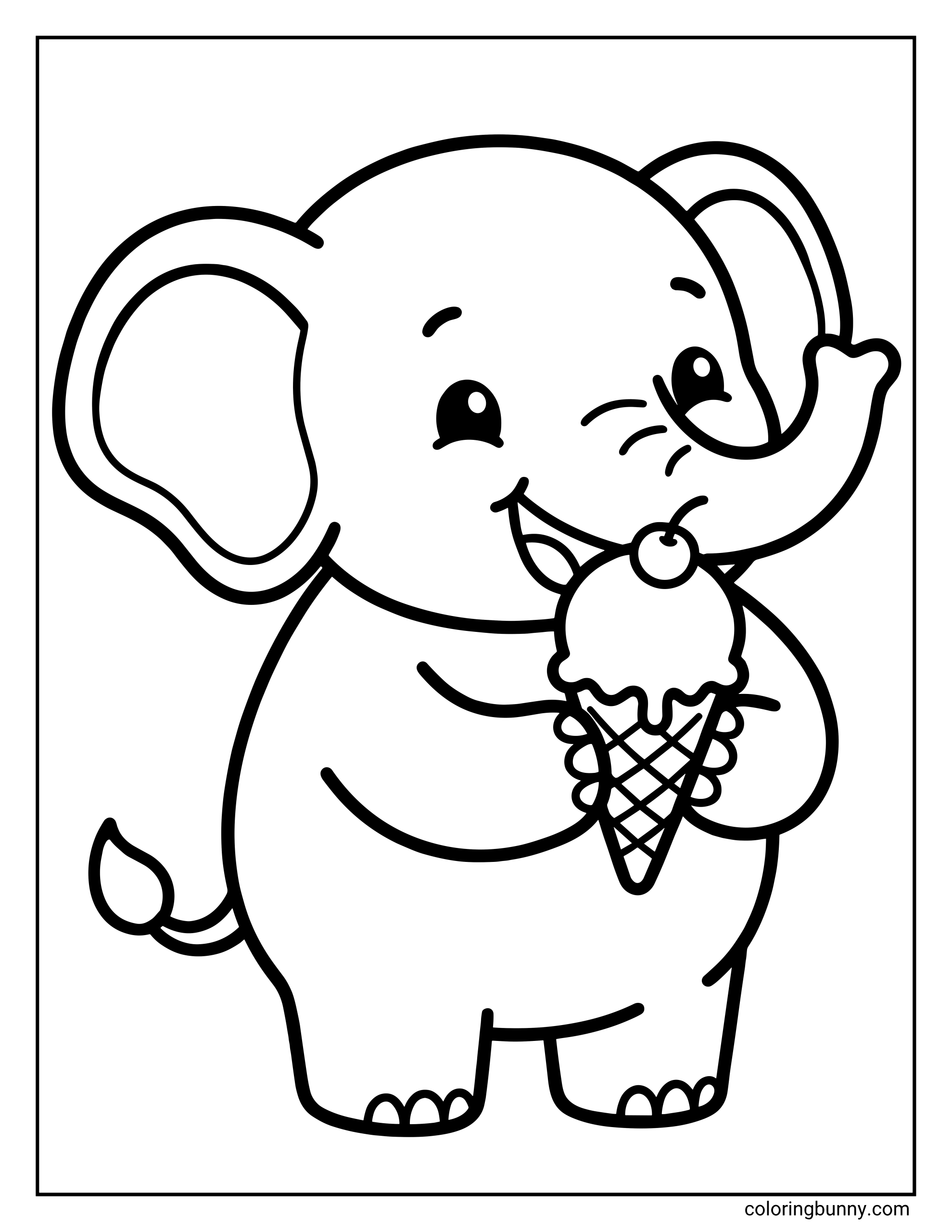 A simple and cute cartoon elephant coloring page featuring a happy baby elephant holding a large waffle cone ice cream with a cherry on top.