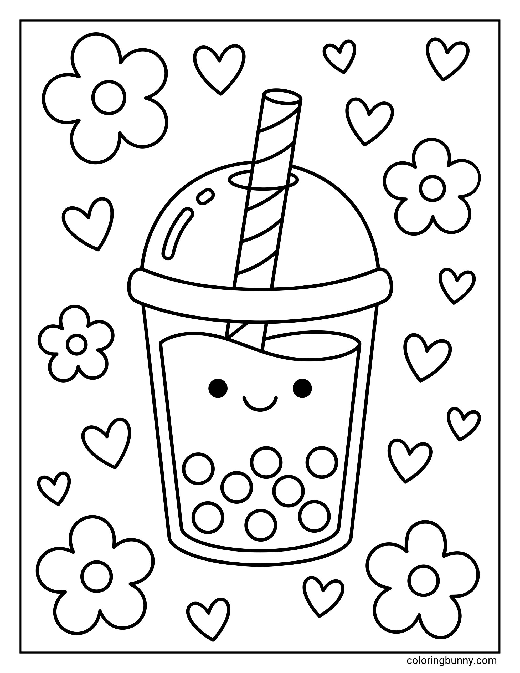 A cute boba tea coloring page with a happy bubble tea in the center, decorated with tapioca pearls, a smiling face, and surrounded by easy flowers and hearts.