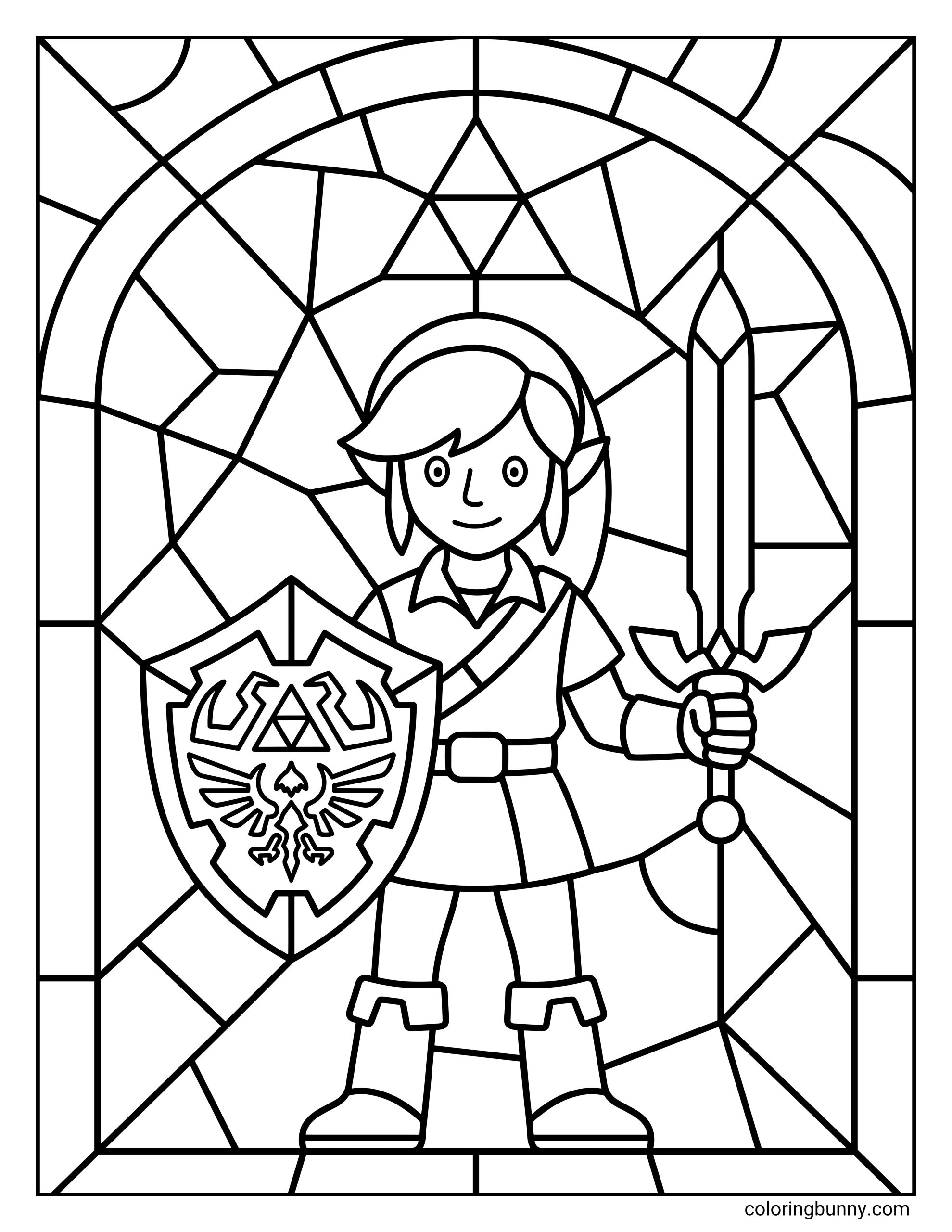 Zelda coloring sheet showing a simplified cartoon version of Link holding an upright broadsword and a crest shield inside an arched mosaic stained-glass design with a Triforce emblem at the top.