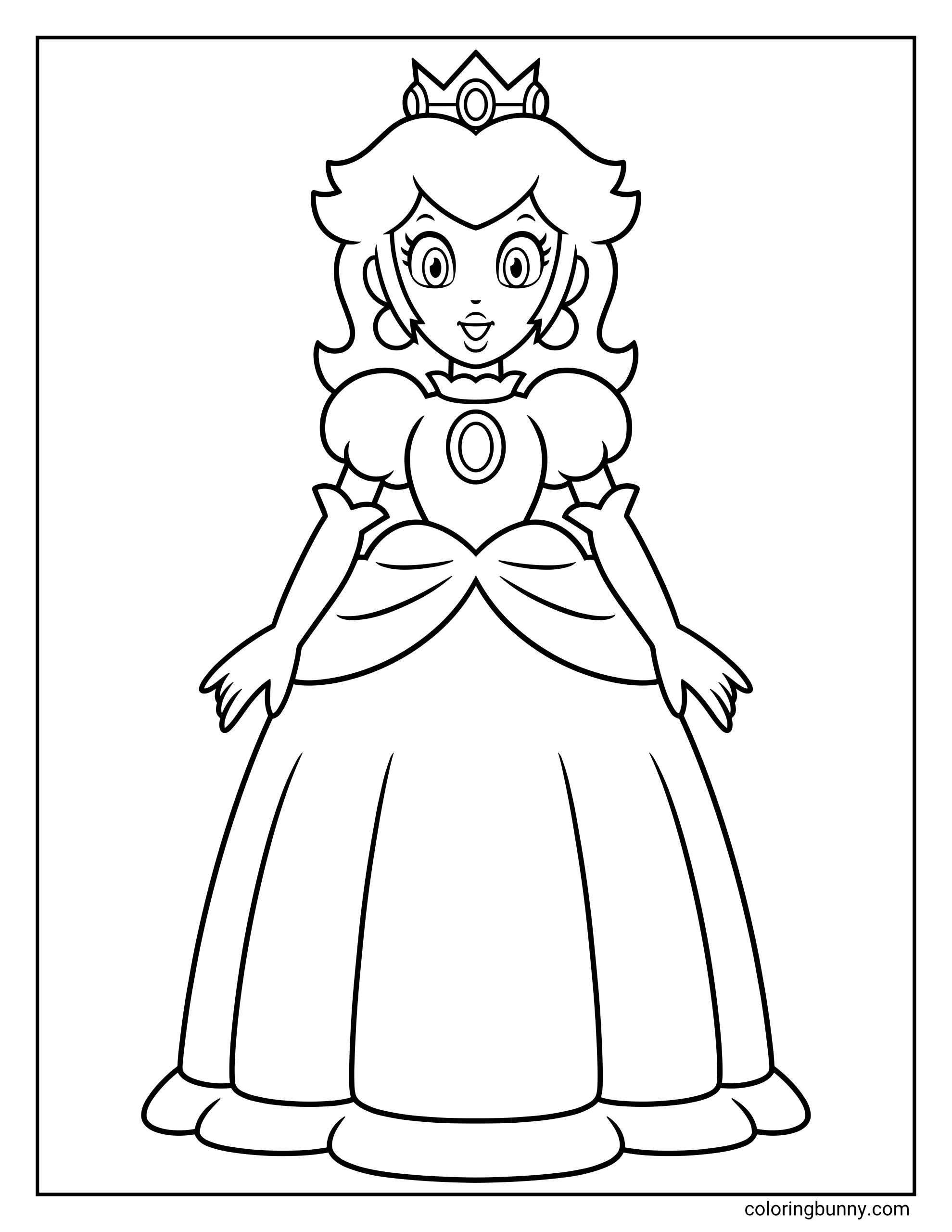 Easy Princess Peach coloring page showing Peach standing in her crown, earrings, puff-sleeve gown, gloves, jewel brooch, and long princess dress.