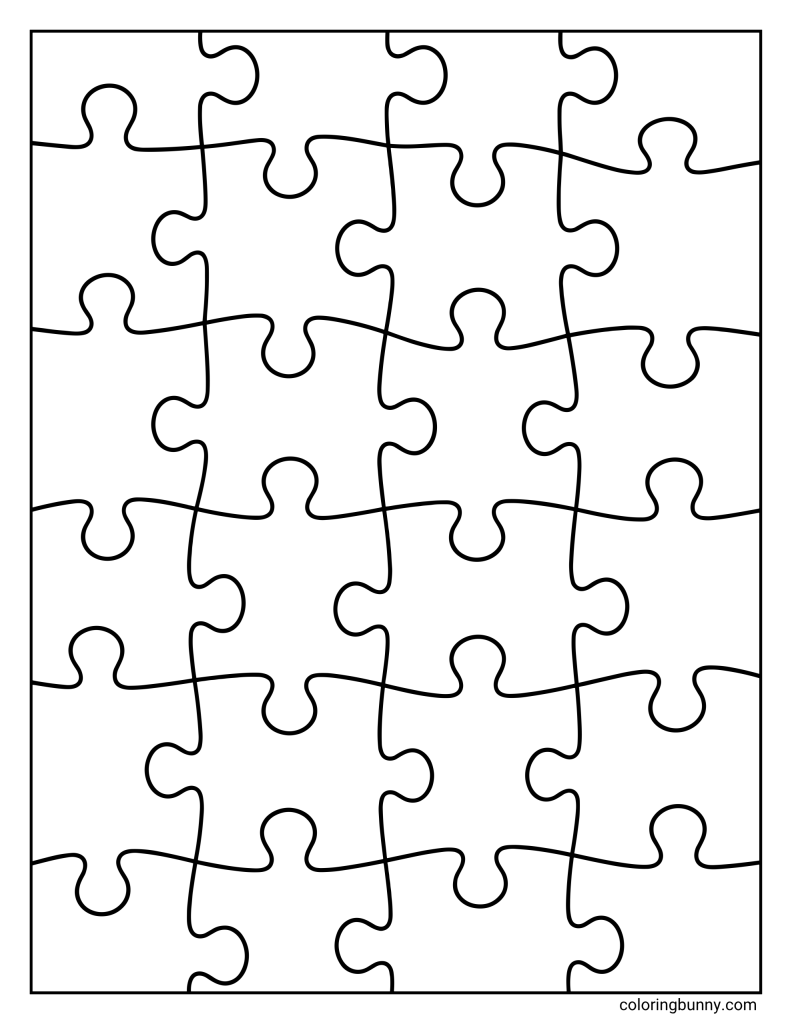 Easy puzzle pattern coloring page featuring large interlocking puzzle pieces arranged in a simple repeating grid.