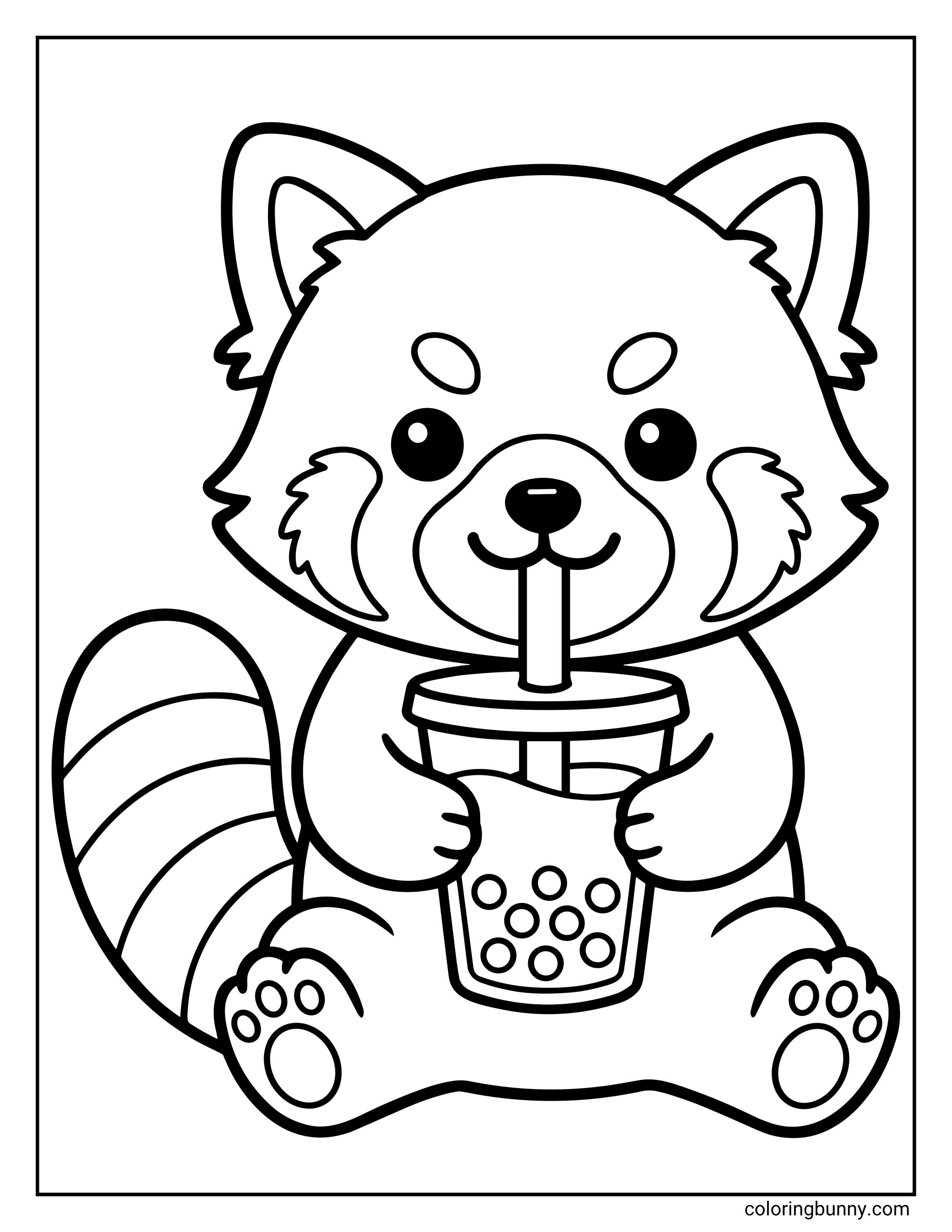 Boba tea coloring page featuring a cute cartoon red panda sitting on the ground with its striped tail visible, holding a plastic cup filled with sweet boba tea and round tapioca pearls.
