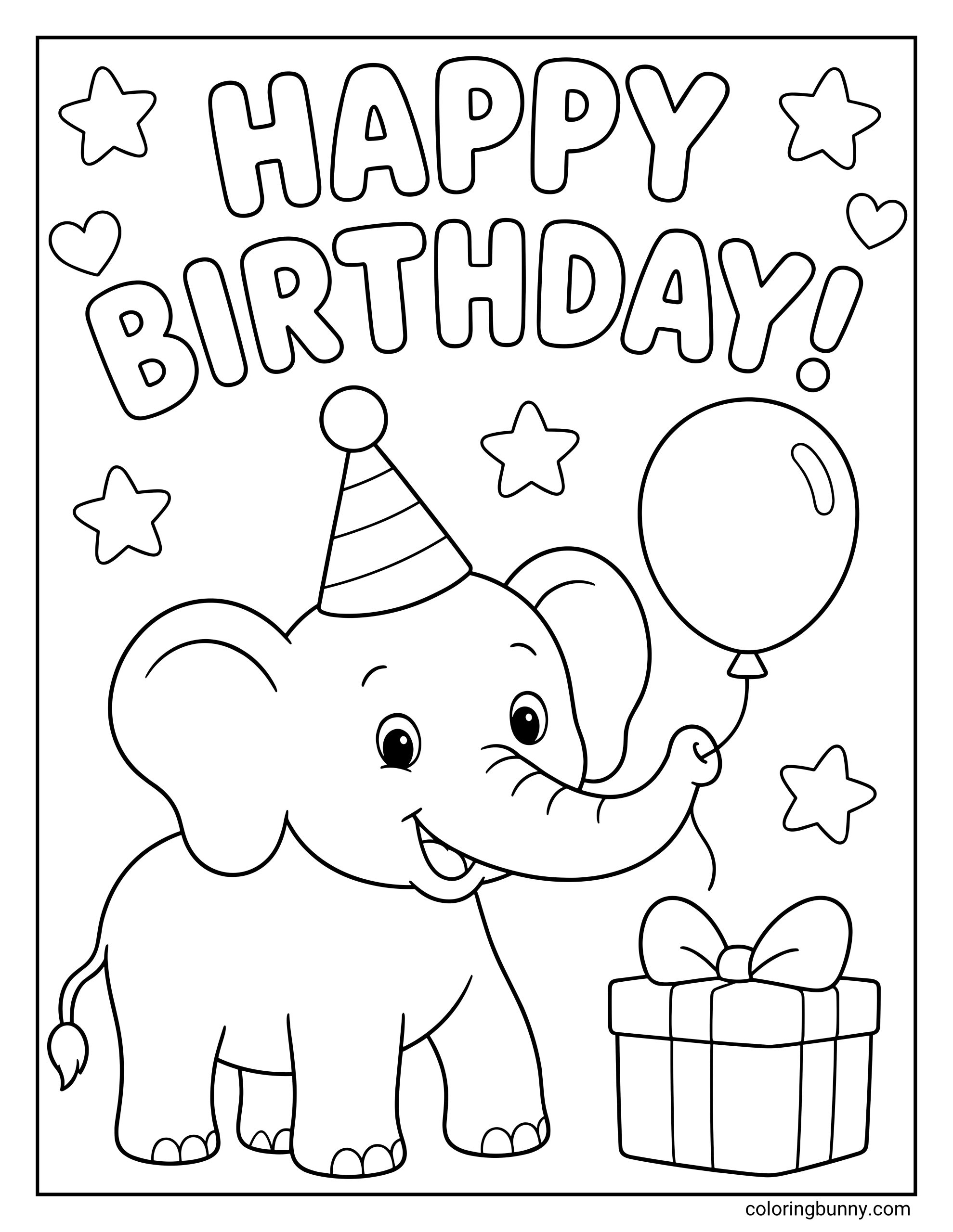 A festive and cheerful birthday-themed coloring page featuring a cute cartoon elephant. The elephant is wearing a striped party hat, holding a balloon with its trunk, and standing next to a wrapped gift box under large "HAPPY BIRTHDAY!" bubble text surrounded by stars and hearts.