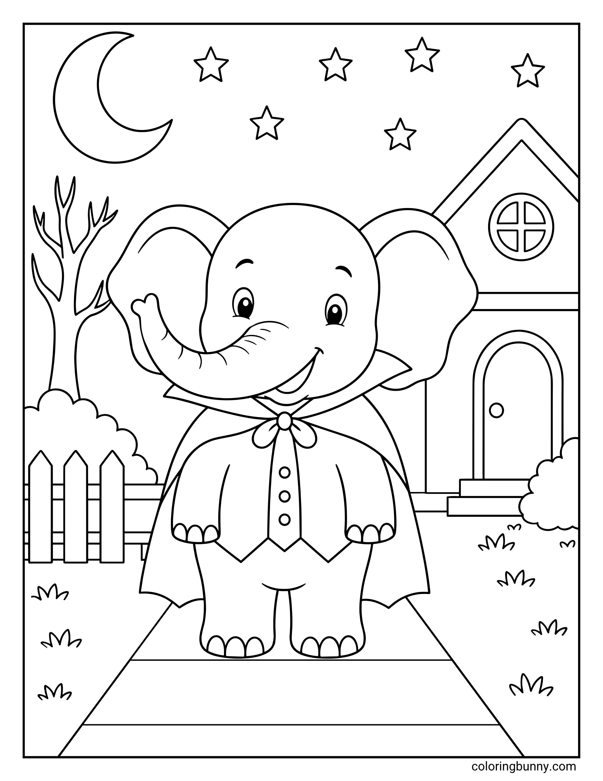 A festive elephant halloween coloring page featuring a cute elephant dressed up as a vampire with a cape and collar standing on a walkway outside a house at night.