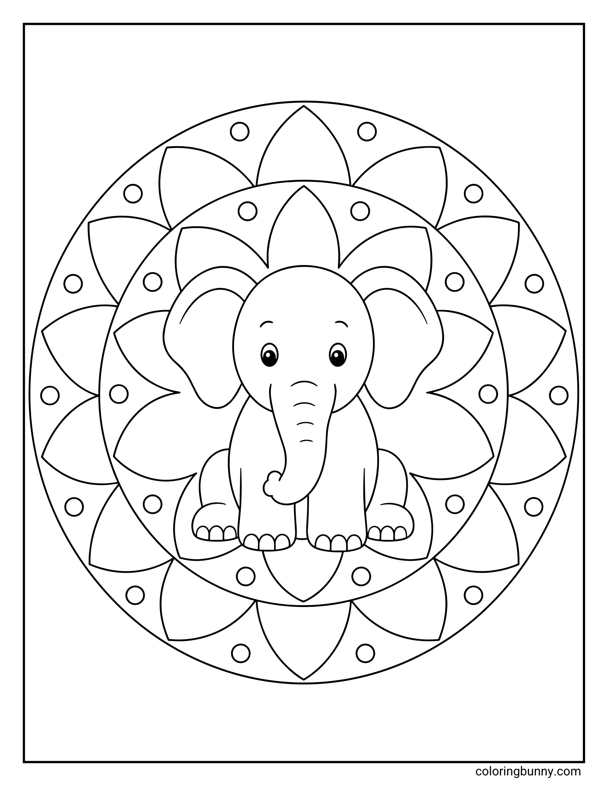 A relaxing mandala coloring page centered around a cute cartoon elephant. The elephant is sitting peacefully in the middle of a large geometric circle filled with symmetrical, overlapping flower petals and tiny dots.
