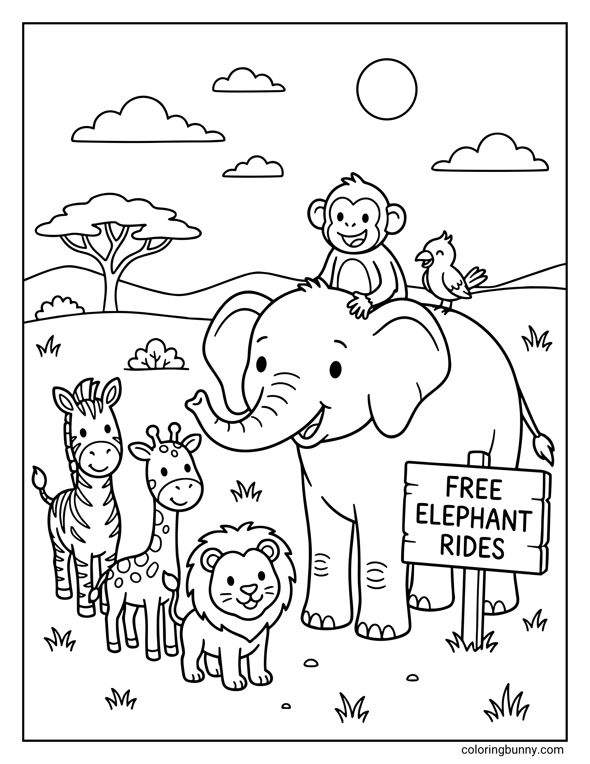 A cheerful safari scene featuring an Elephant Rides Coloring Page with a smiling elephant hosting a monkey and a bird on its back next to a "Free Elephant Rides" sign, while a baby zebra, giraffe, and lion cub line up on the grassy savanna.