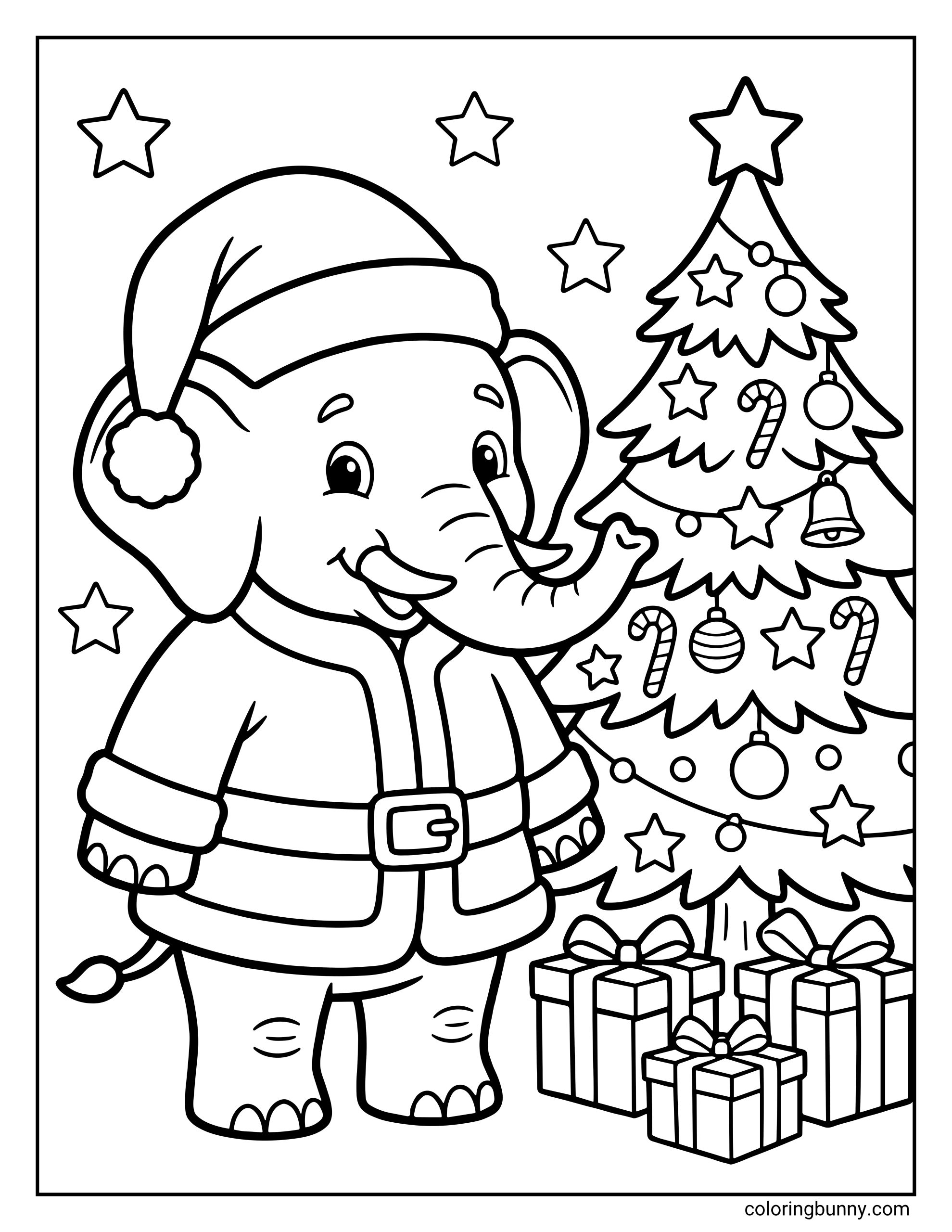 A cute coloring page featuring a smiling elephant dressed up in a Santa Claus suit and hat, standing next to a decorated Christmas tree with wrapped gifts under a starry background.