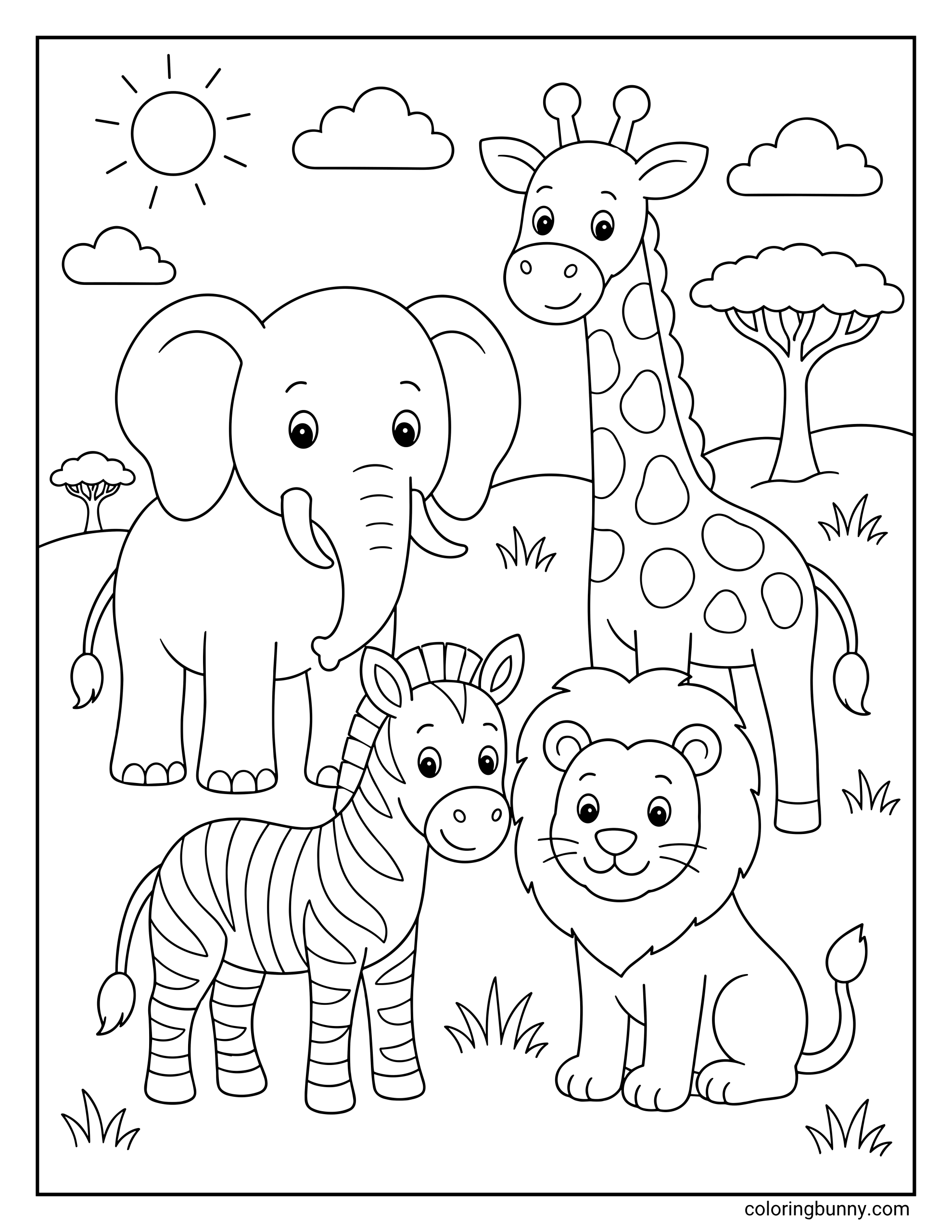 An adorable safari-themed coloring page featuring a collection of friendly baby wild animals gathered together on the savanna. A cute elephant, a tall spotted giraffe, a striped zebra, and a smiling lion cub pose together under a sunny sky with fluffy clouds and trees.