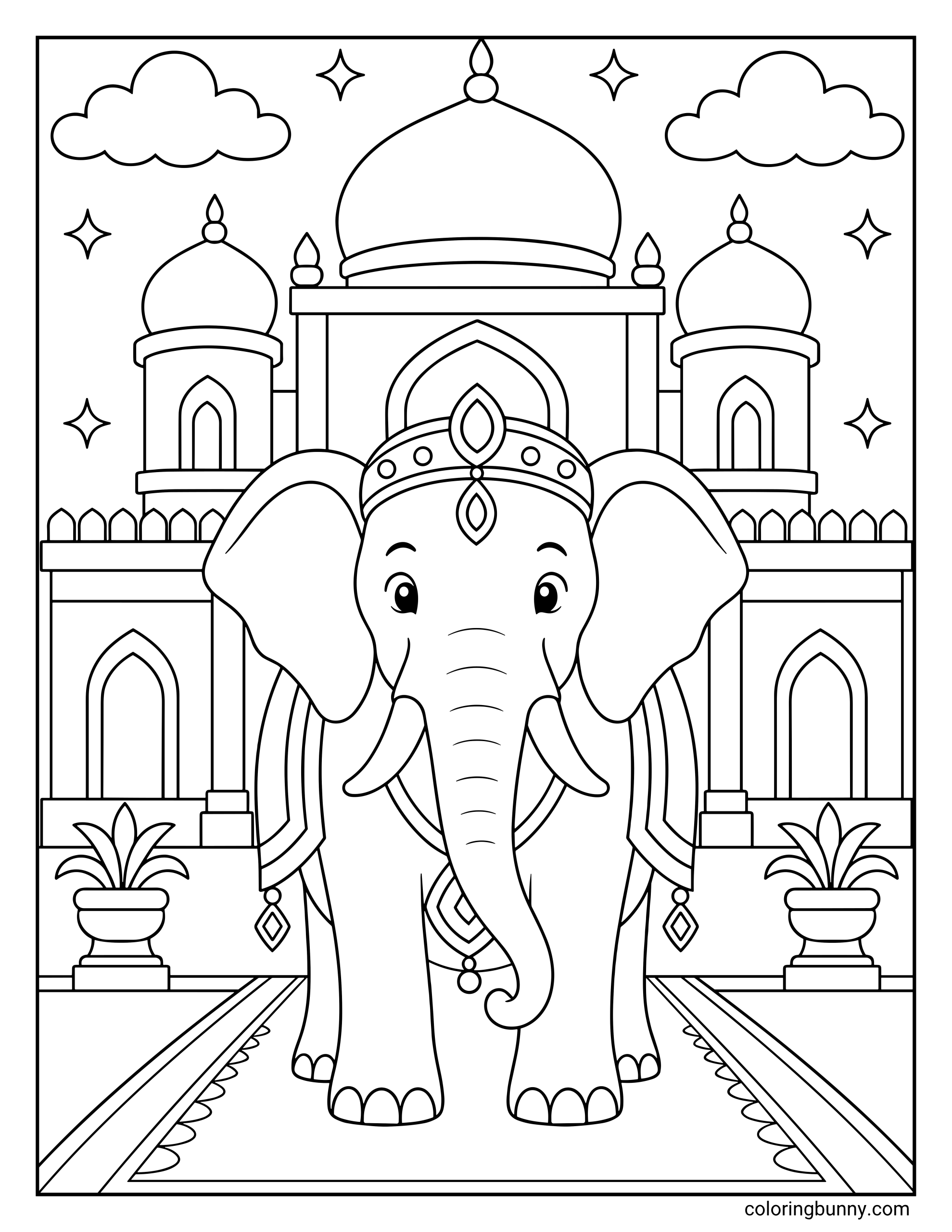A coloring page of a smiling elephant wearing a royal crown and draped vestments, standing proudly in the courtyard of a grand palace beneath a starry night sky.
