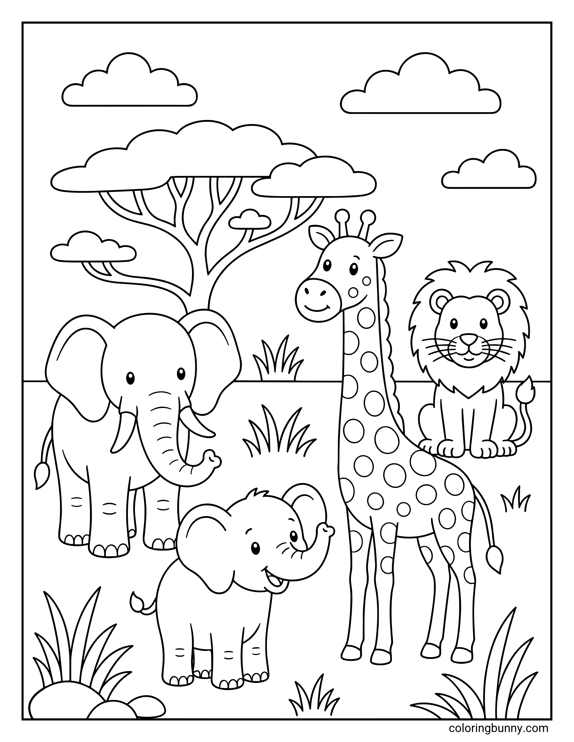 A cheerful African savanna coloring page featuring an adult elephant and a baby calf stand alongside a tall spotted giraffe and a sitting lion cub beneath a large acacia tree and fluffy clouds.