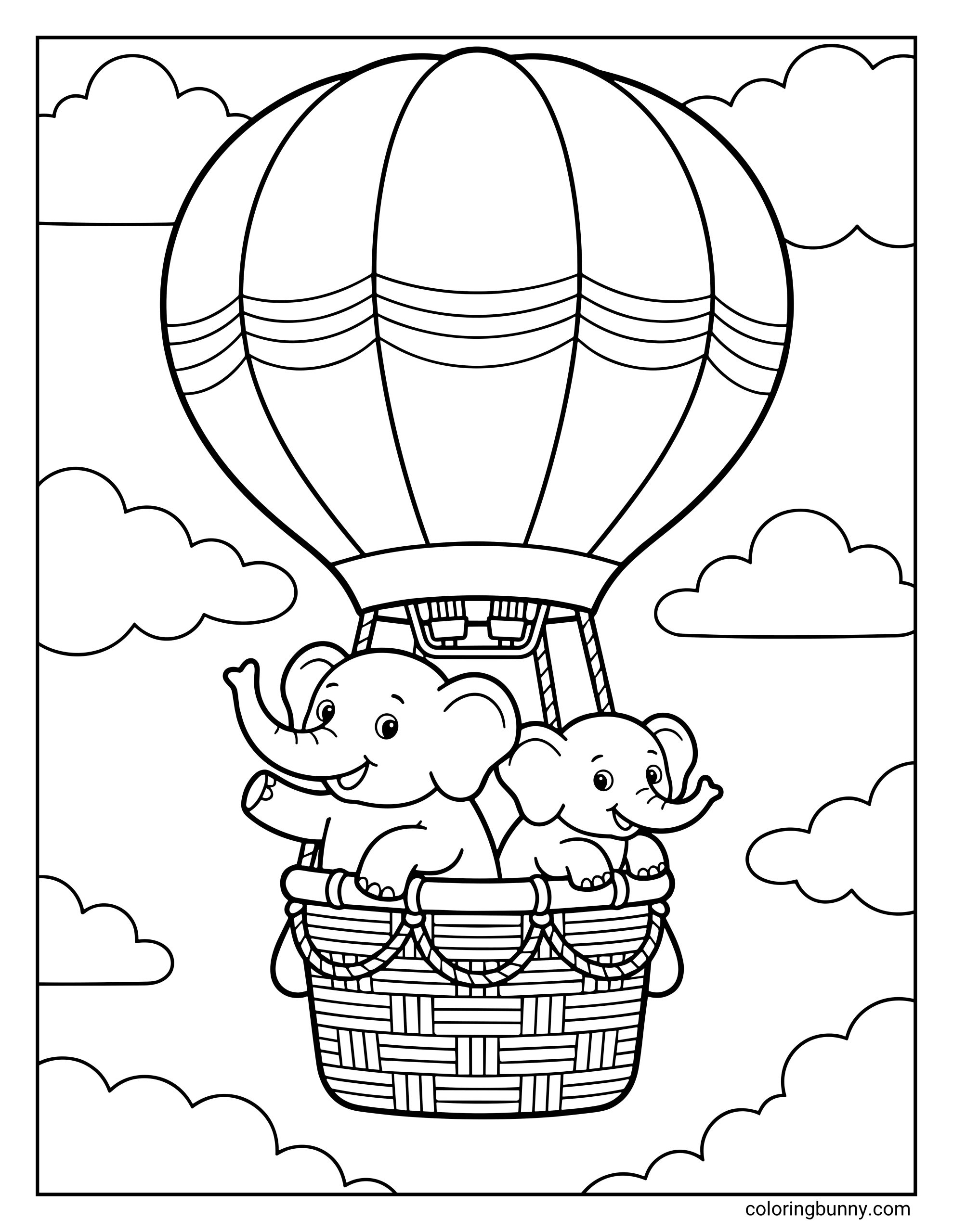 A cute coloring page of two happy baby elephants waving while riding together in the basket of a striped hot air balloon floating among fluffy clouds.