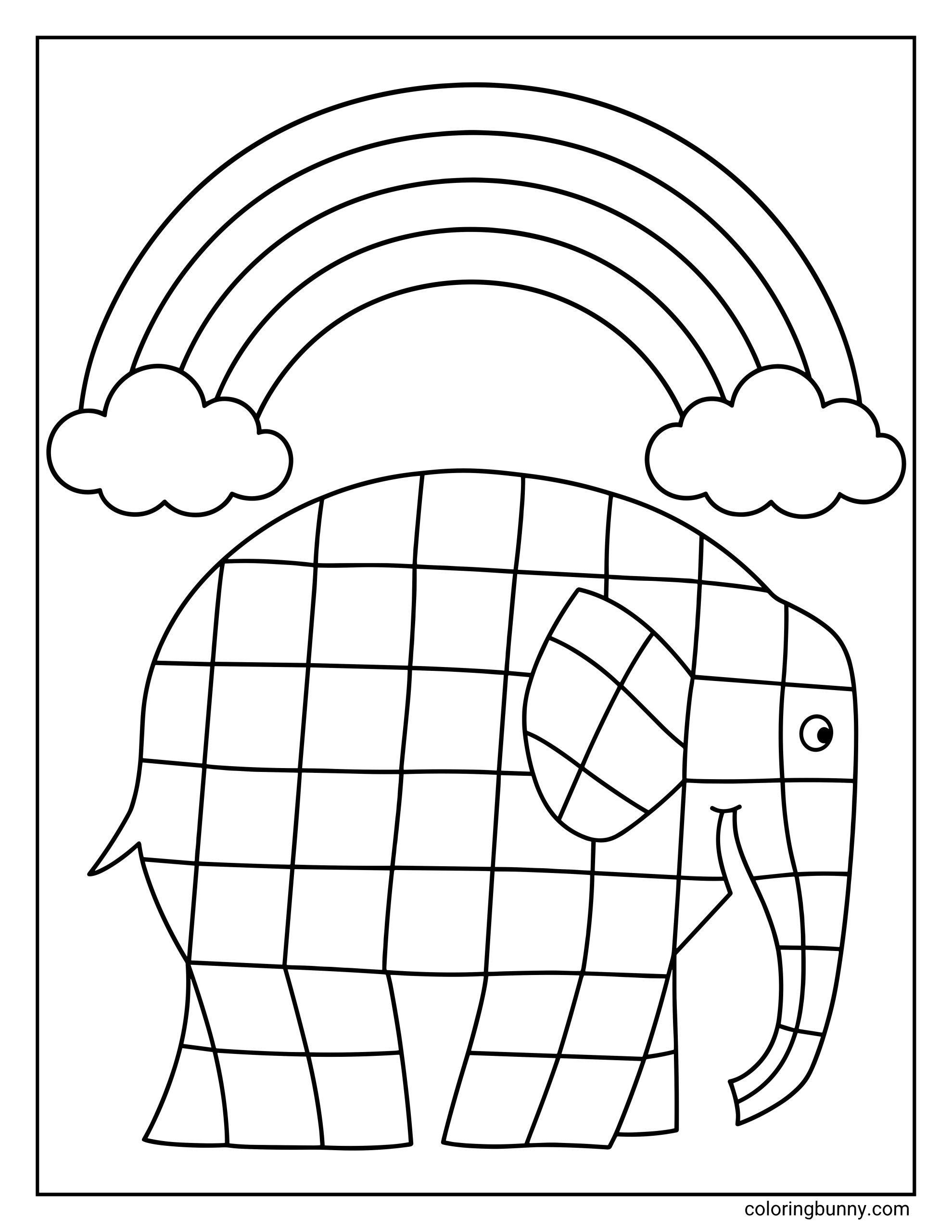 A simple coloring page featuring Elmer the patchwork elephant, covered in a grid pattern, walking beneath a vibrant rainbow resting on two fluffy clouds.