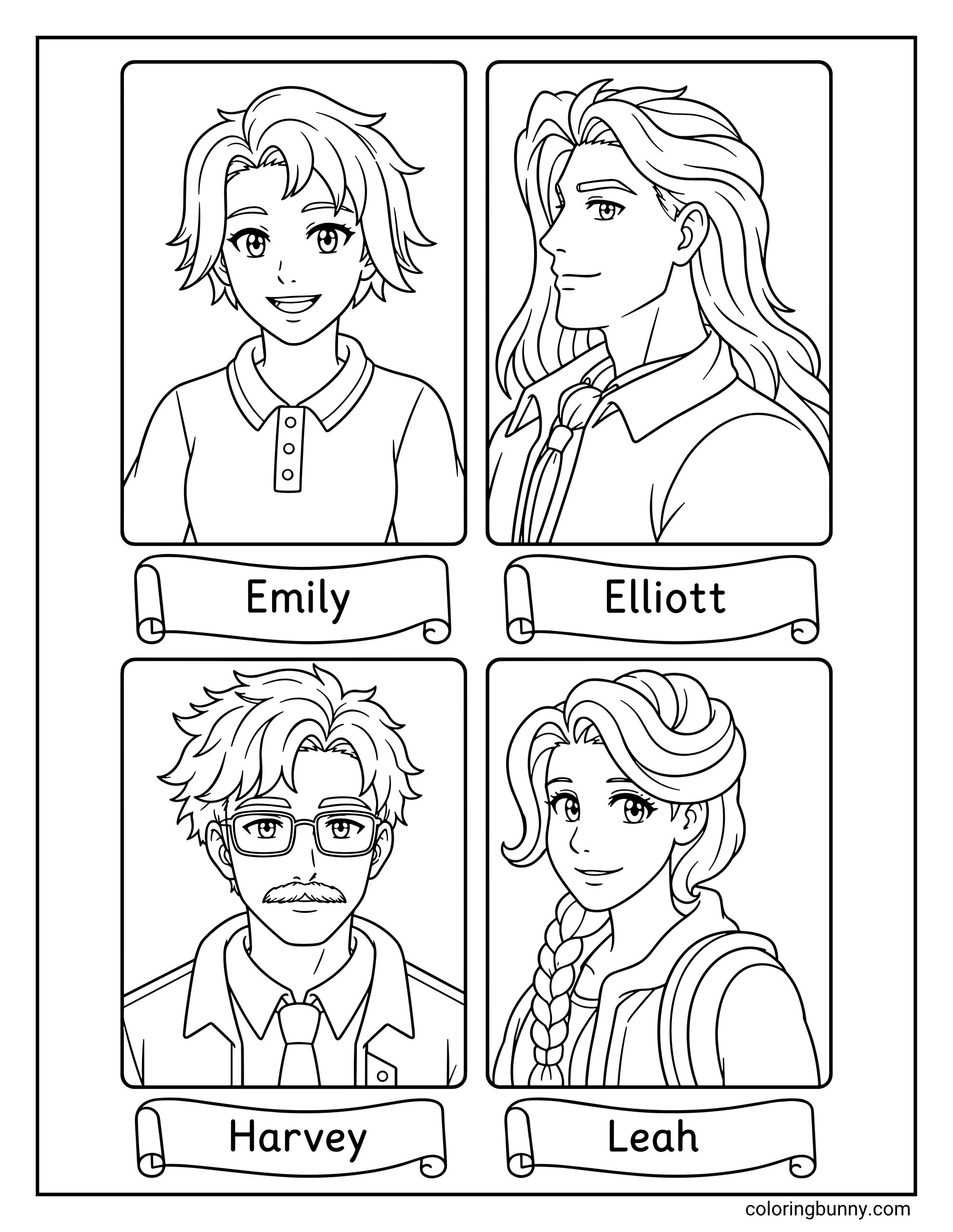 A Stardew Valley coloring page featuring character portrait panels for Emily, Elliott, Harvey, and Leah, each with their name written on a banner scroll below.