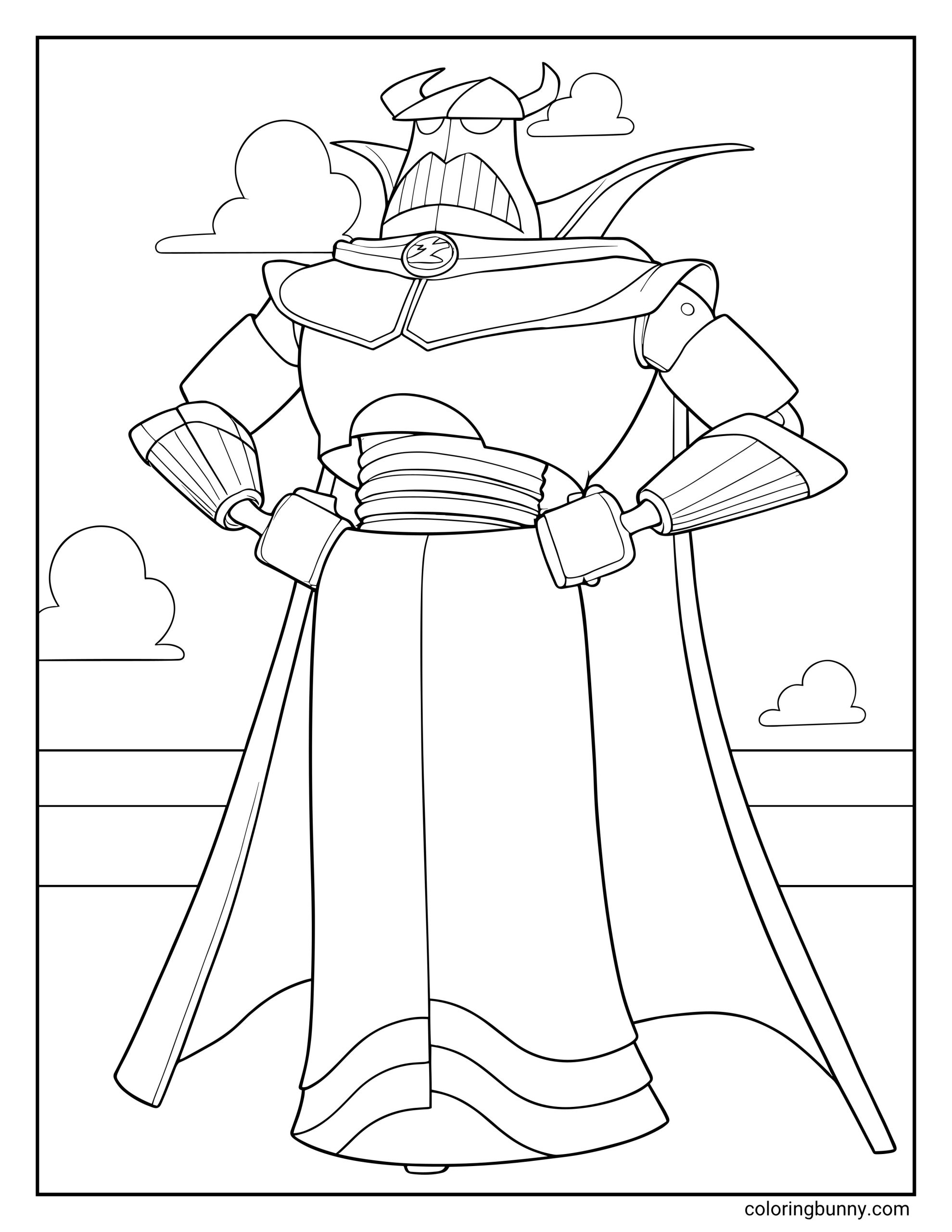 Evil Emperor Zurg Toy Story coloring page featuring the villain standing with his hands on his hips, wearing his tall armored outfit, cape, horned headpiece, and stern expression.