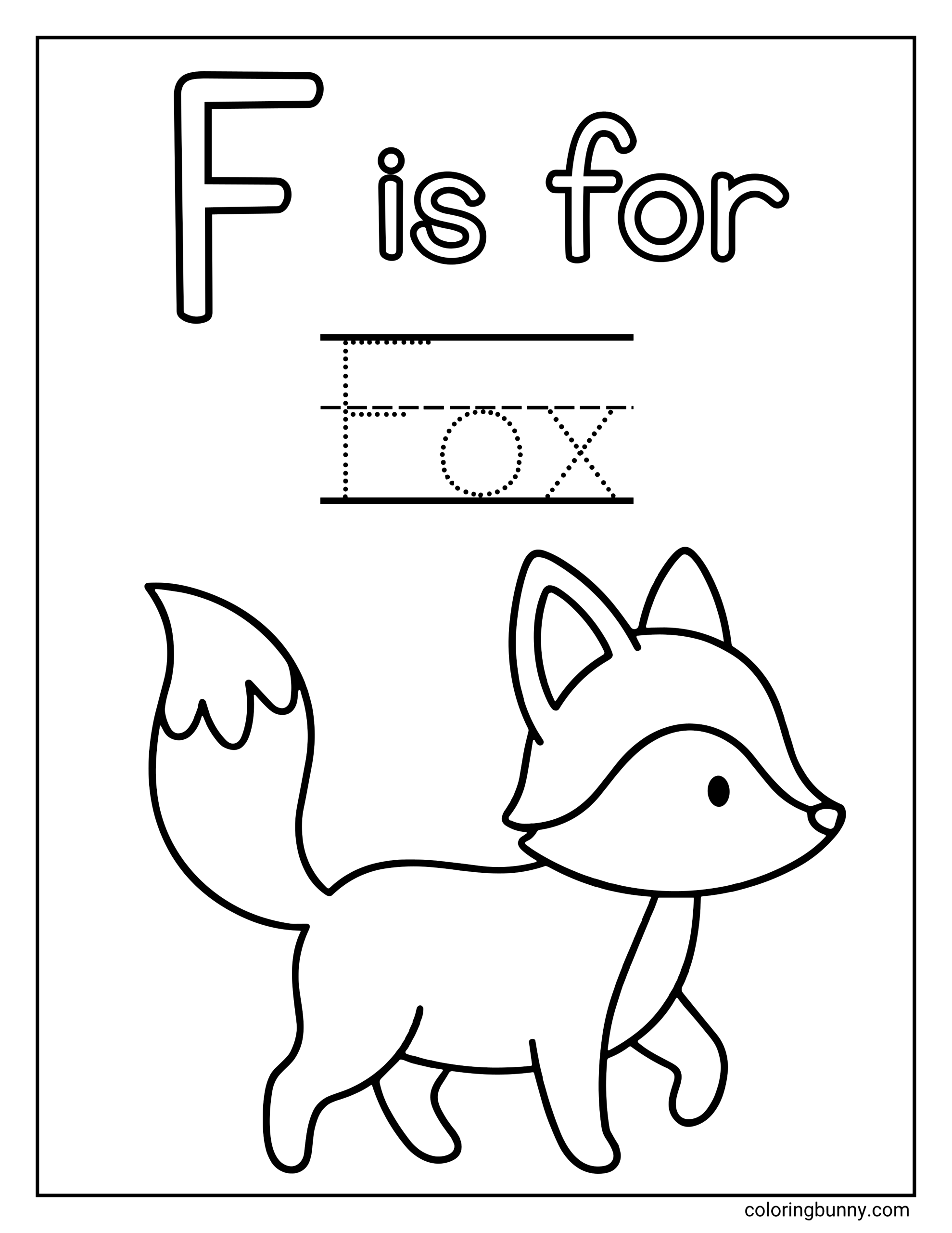An educational alphabet coloring page of a simple fox walking below the text 'F is for Fox' and a dotted tracing guide for the word "Fox".
