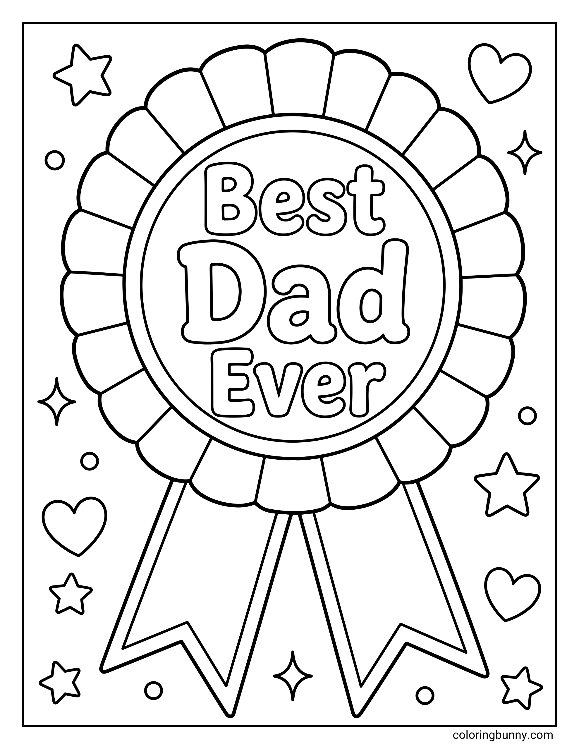 Father's Day Rosette Coloring Page featuring a large circular award ribbon badge centered on the sheet with bold bubble text inside that reads "Best Dad Ever"