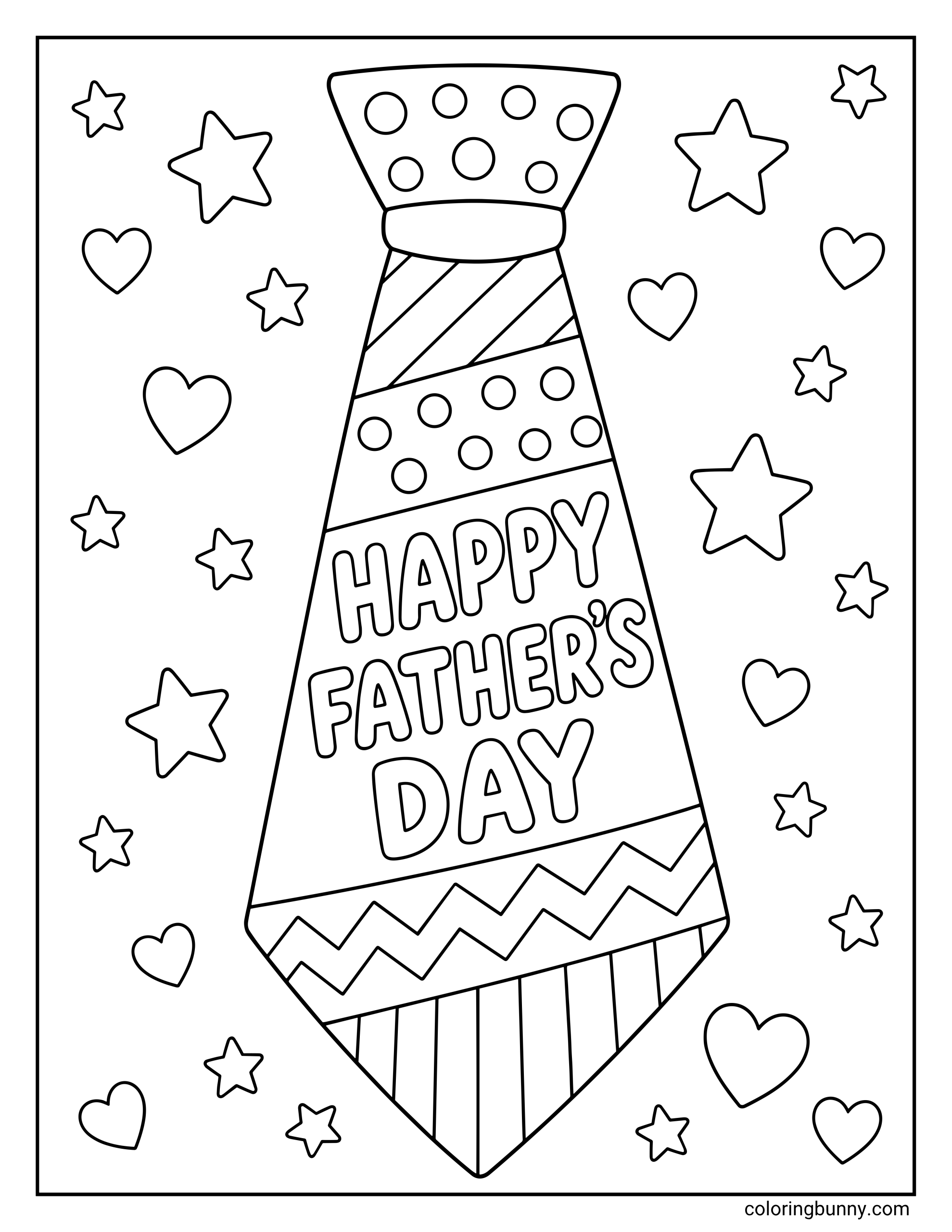 A Father's Day coloring page featuring a large patterned necktie with "Happy Father's Day" written in bold letters, decorated with polka dots, stripes, zigzag bands, hearts, and stars.