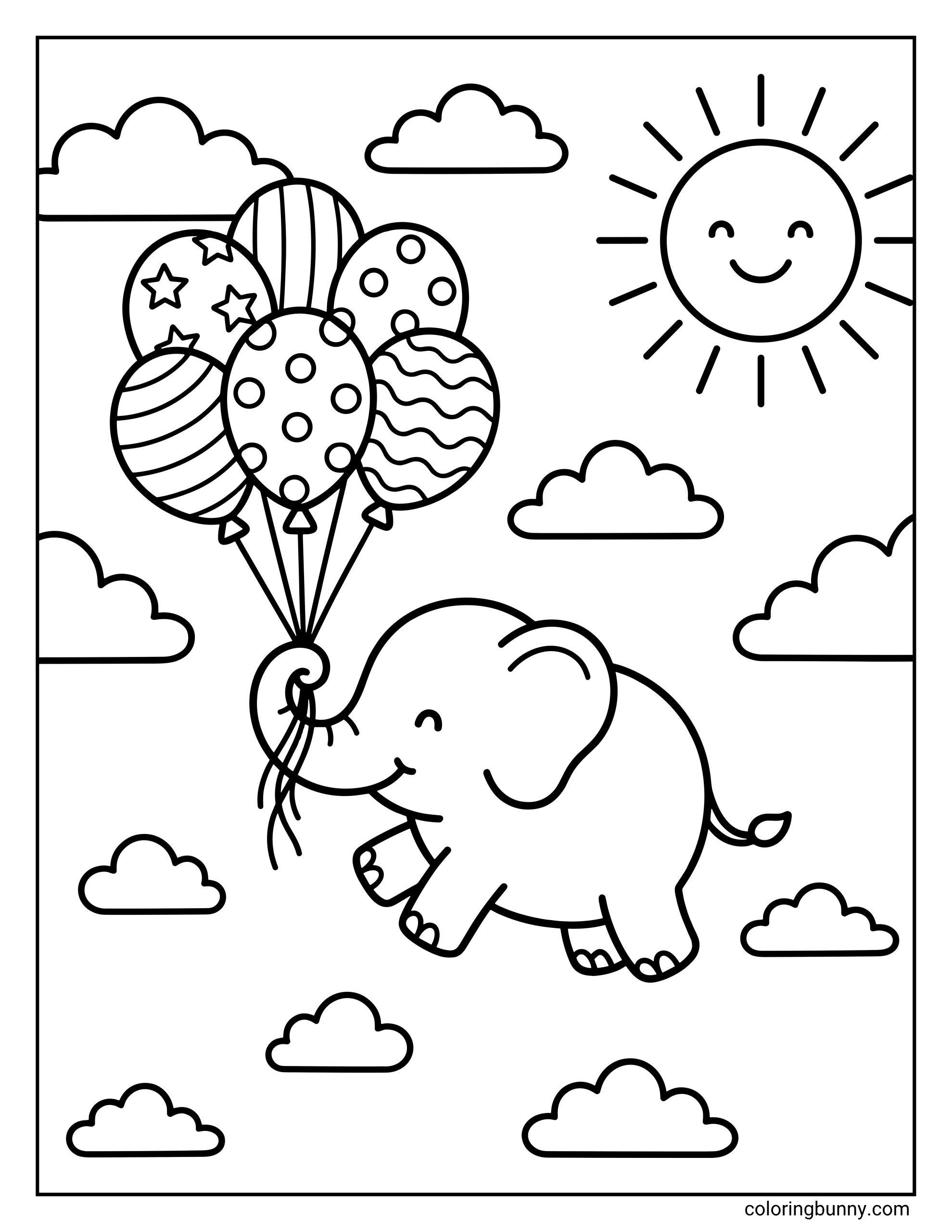 A whimsical floating with balloons elephant coloring page where a cheerful baby elephant uses its trunk to hold a bunch of patterned balloons under a smiling sun with clouds.