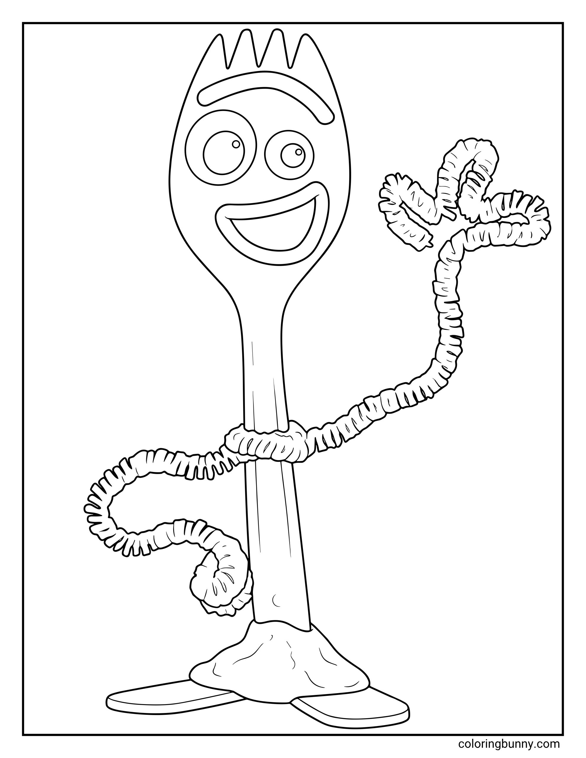 Forky Toy Story Coloring Page displaying a full-length line art illustration of the spork character smiling with mismatched googly eyes and waving his pipe cleaner arm.