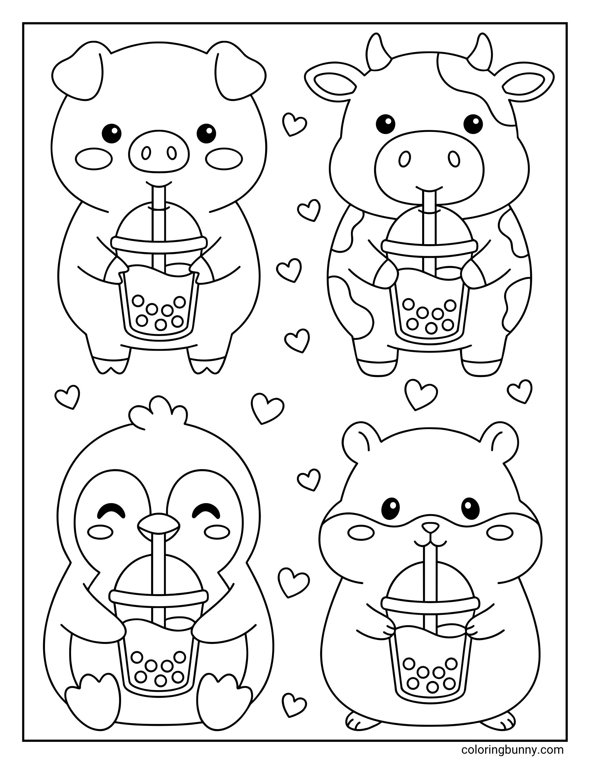 Boba tea coloring page showcasing four adorable cartoon animals, including a pig, a spotted cow, a fluffy penguin, and a chubby hamster, each holding their own clear cup filled with round tapioca pearls under a shower of floating hearts.