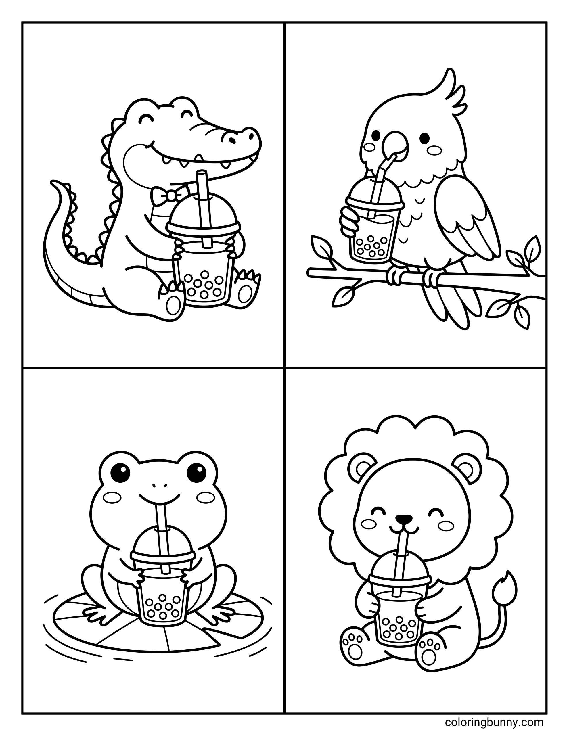 Boba tea coloring page featuring four separate square frames illustrating a dapper crocodile, a perched pet bird, a sitting pond frog, and a joyful lion cub happily sipping their sweet iced bubble tea treats.
