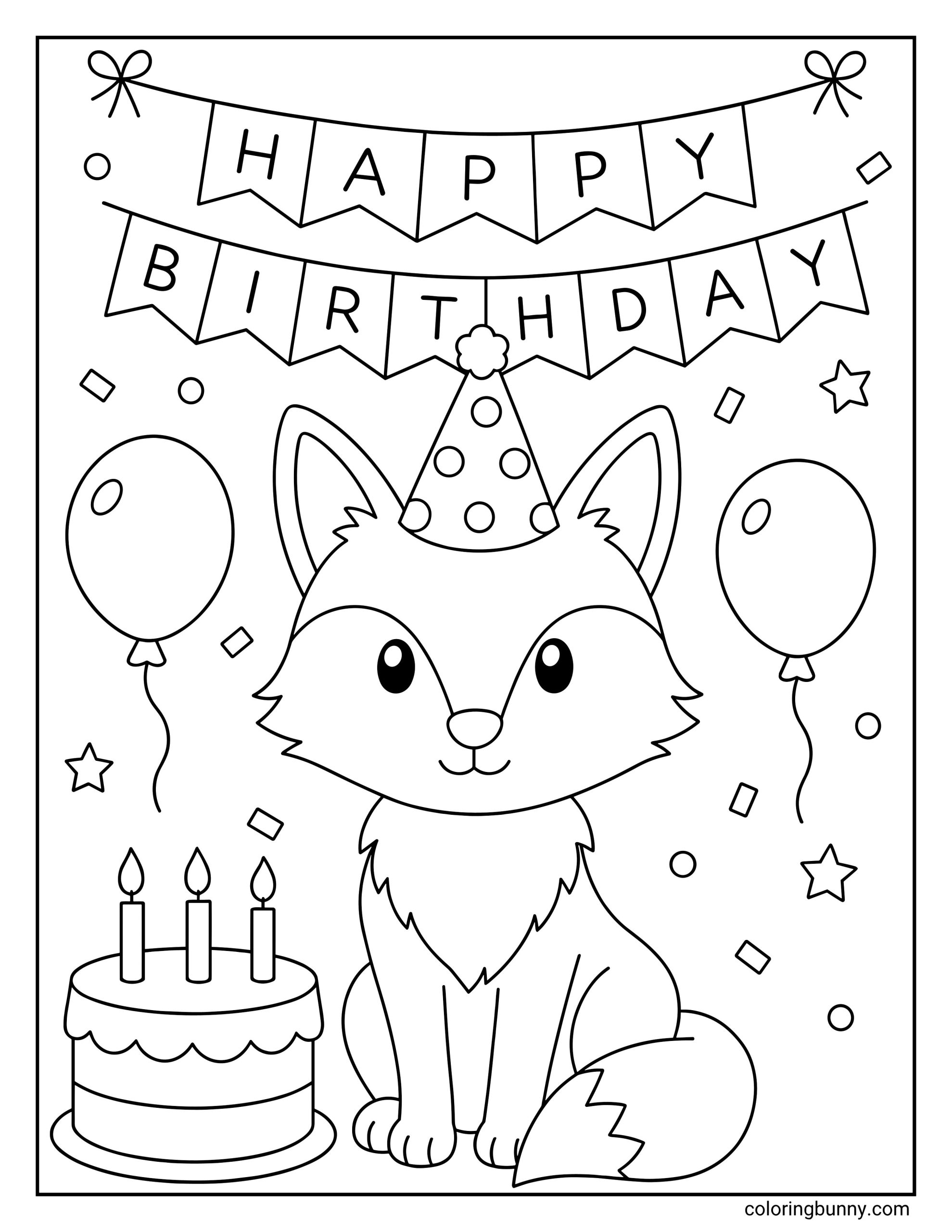 A fox Birthday coloring page featuring a cute baby fox wearing a polka-dot party hat, sitting next to a birthday cake with three burning candles beneath hanging "HAPPY BIRTHDAY" banners, surrounded by balloons, stars, and confetti.