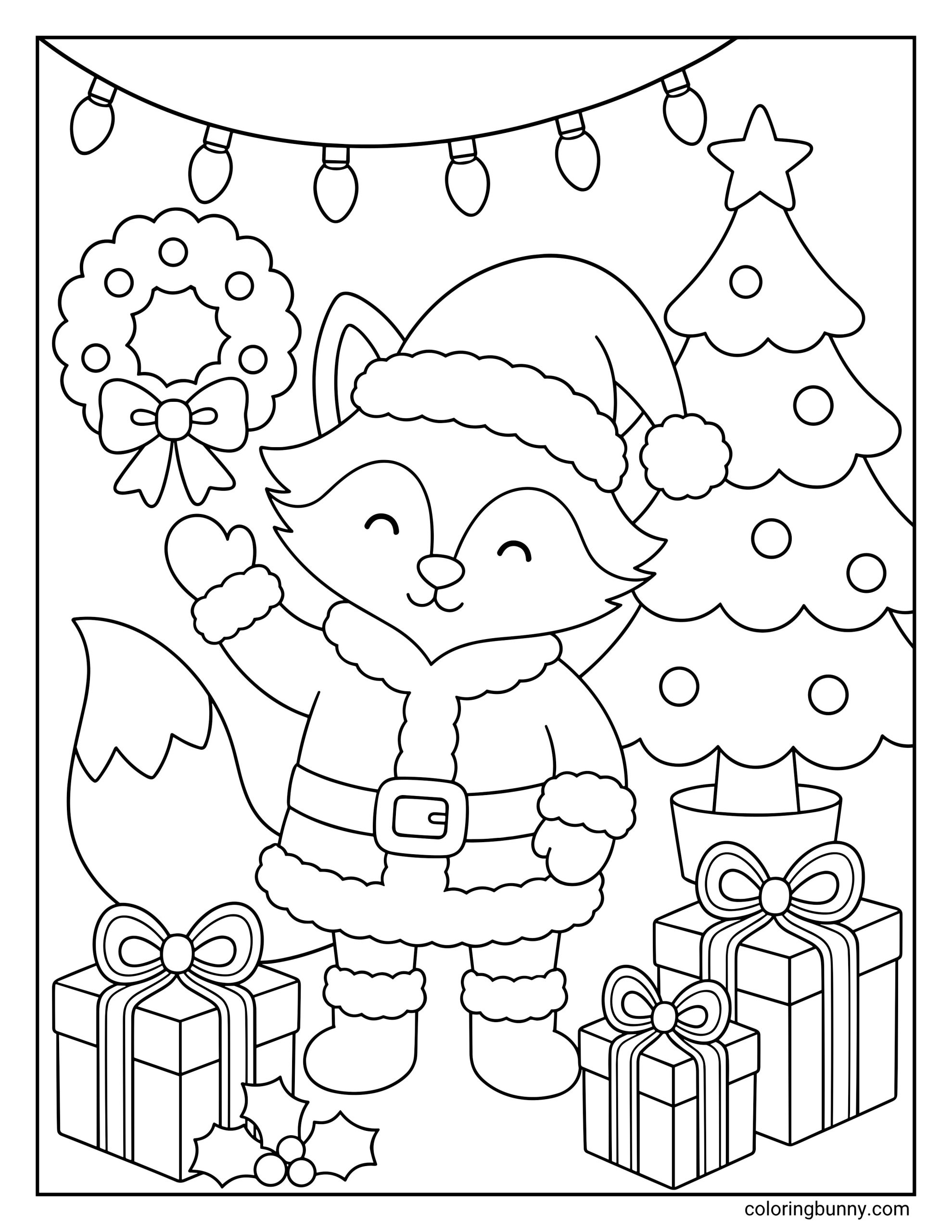 A Christmas Coloring Page showing a happy fox wearing a full Santa Claus suit and hat, waving cheerfully next to a decorated Christmas tree, wrapped gifts, a holiday wreath, and hanging string lights.