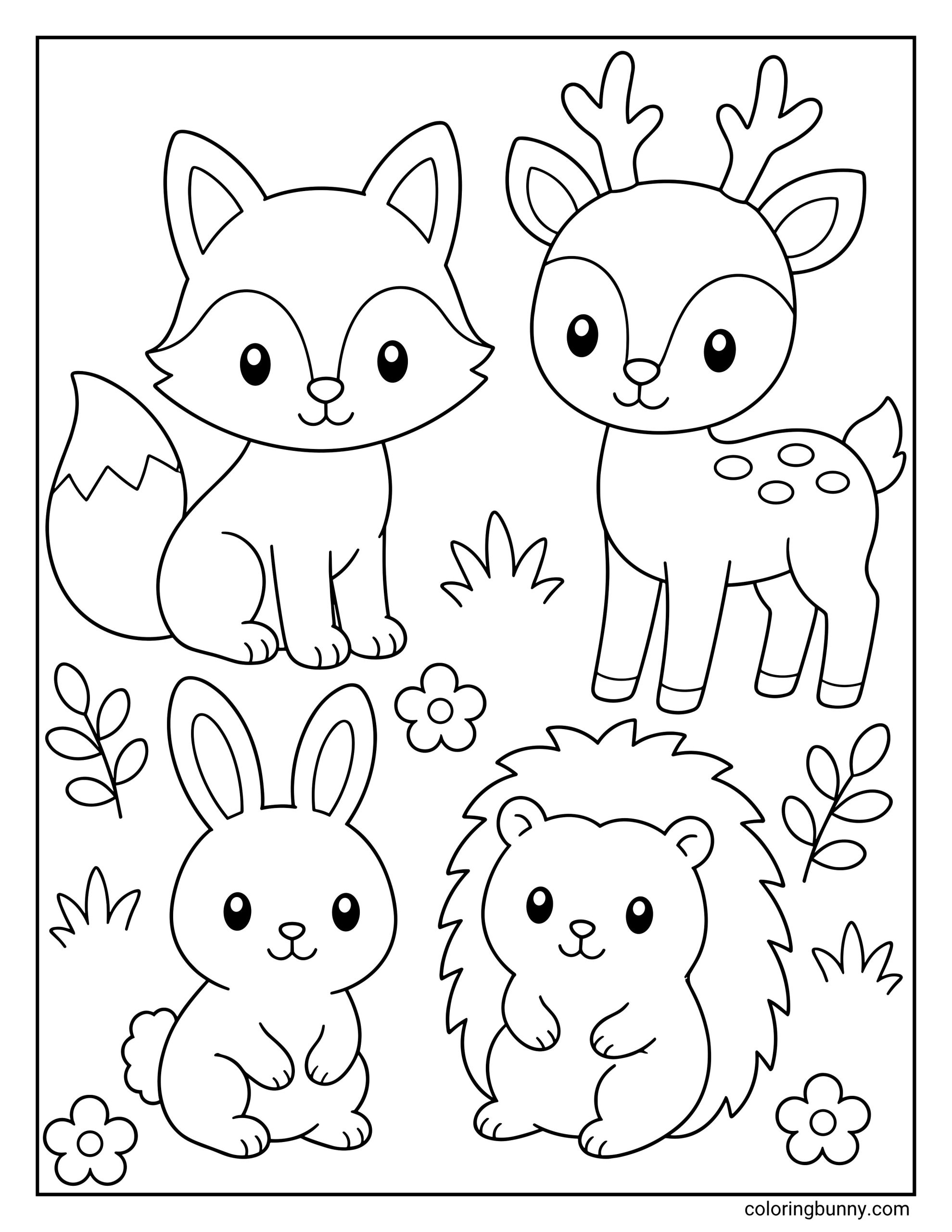 A cute coloring page showcasing a sweet collection of four forest animals - a sitting fox, a spotted fawn, a little bunny, and a fluffy hedgehog - gathered together on a meadow floor with small flowers and leaves.