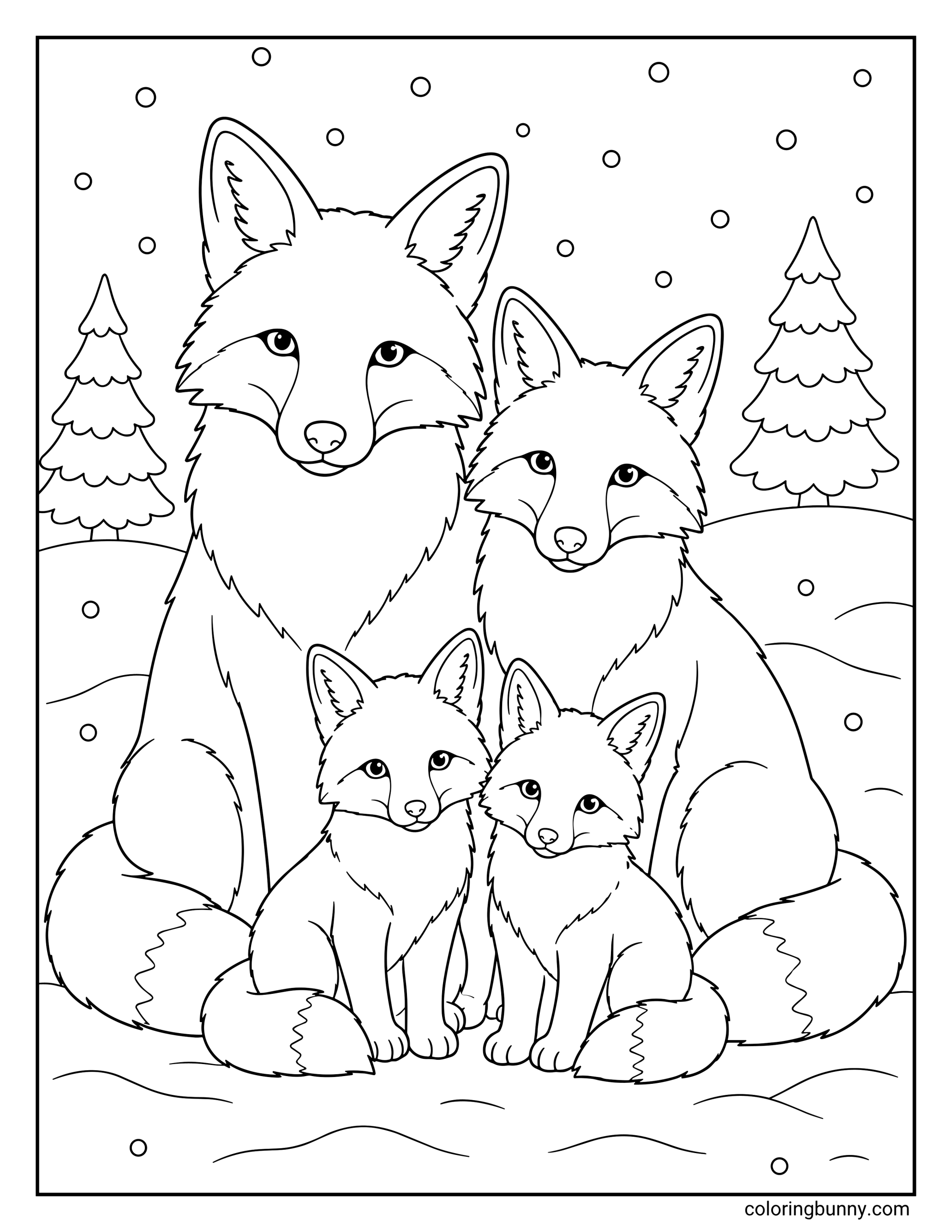 A coloring page showing a detailed family of four foxes - two large parents and two smaller kits - sitting closely together on a snowy hill with pine trees and falling snow.