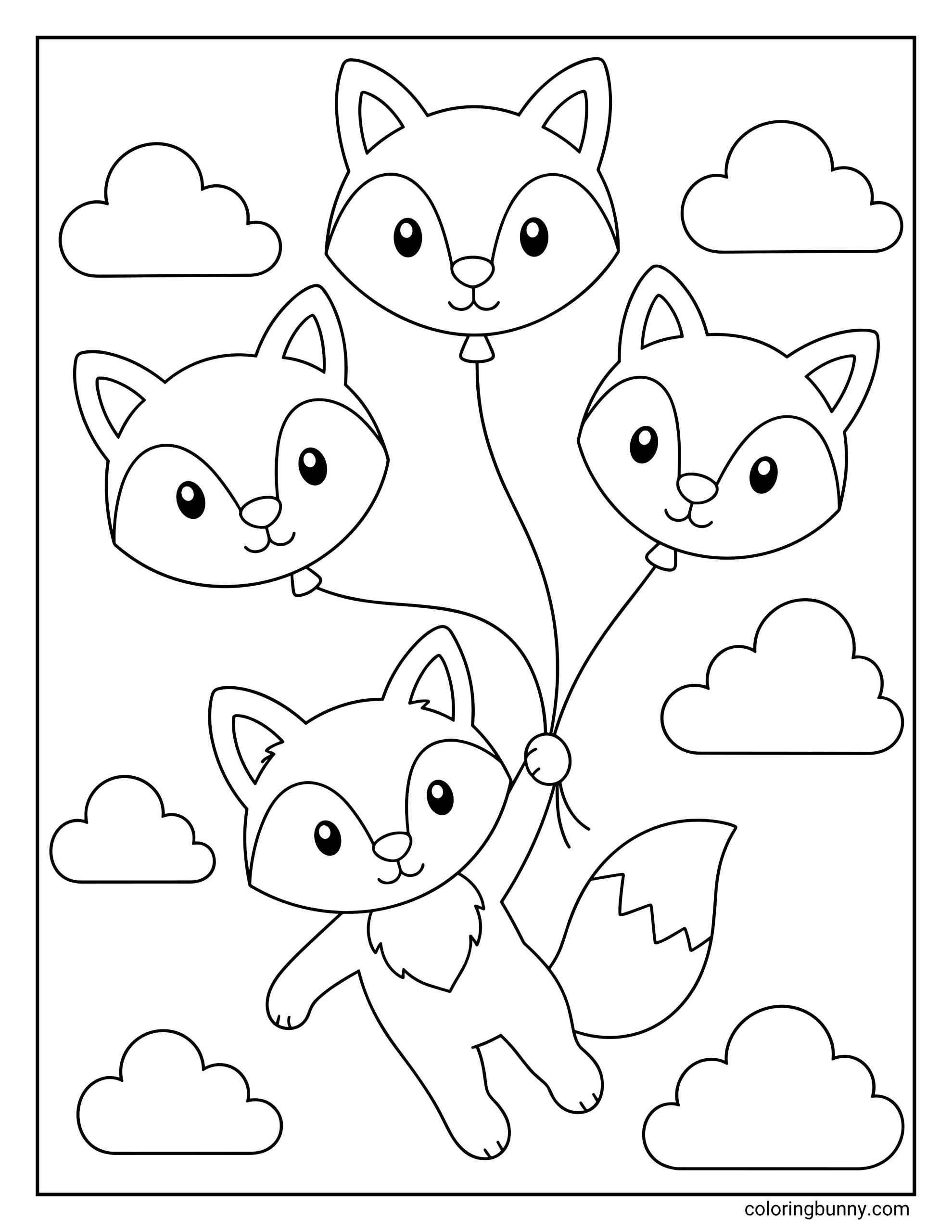 A coloring page of a joyful baby fox drifting up into the sky while holding a bundle of three balloons shaped like cute fox faces, surrounded by fluffy clouds.