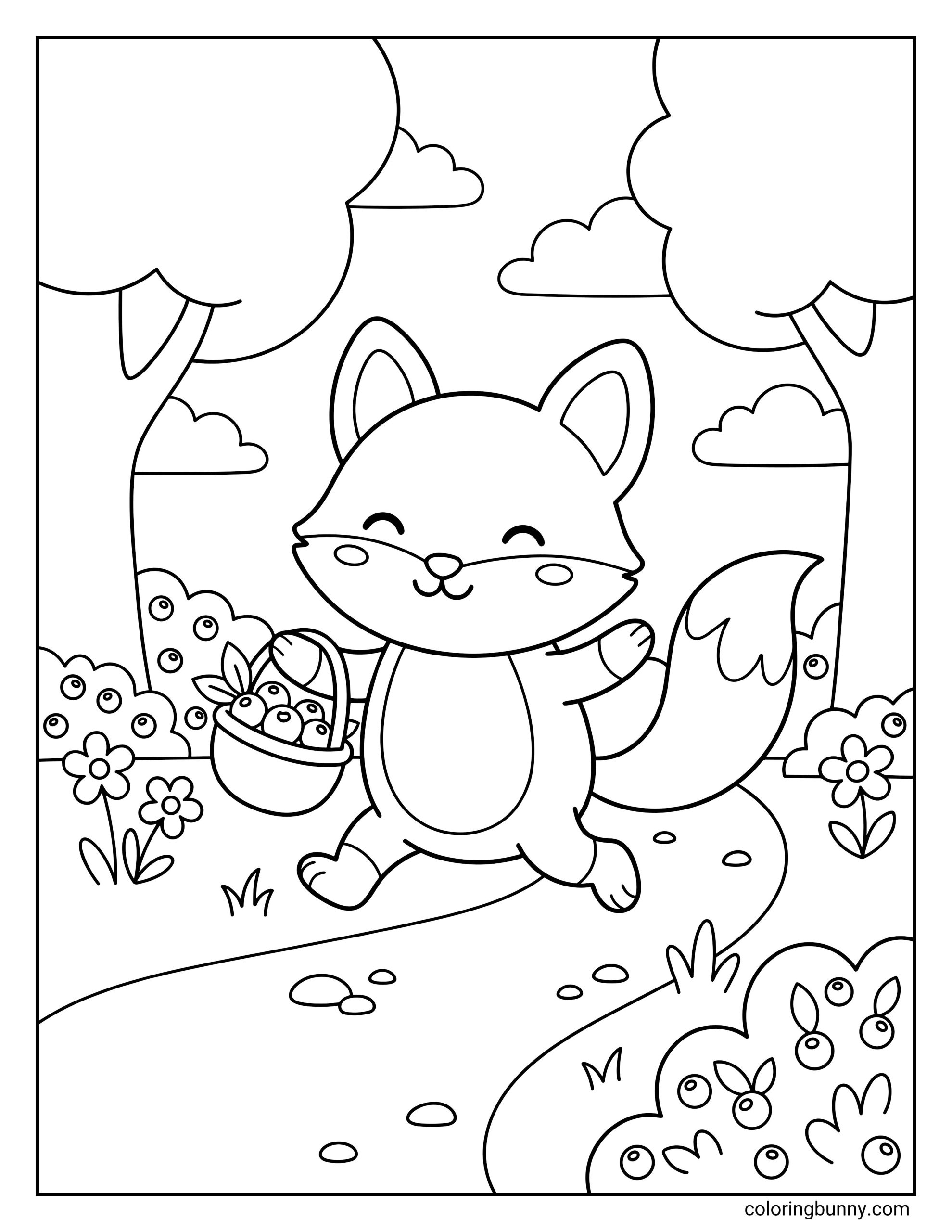 A coloring page featuring a cute, smiling fox walking down a sunny forest path while carrying a basket overflowing with freshly picked berries, surrounded by green bushes, trees, and small flowers under a cloudy sky.