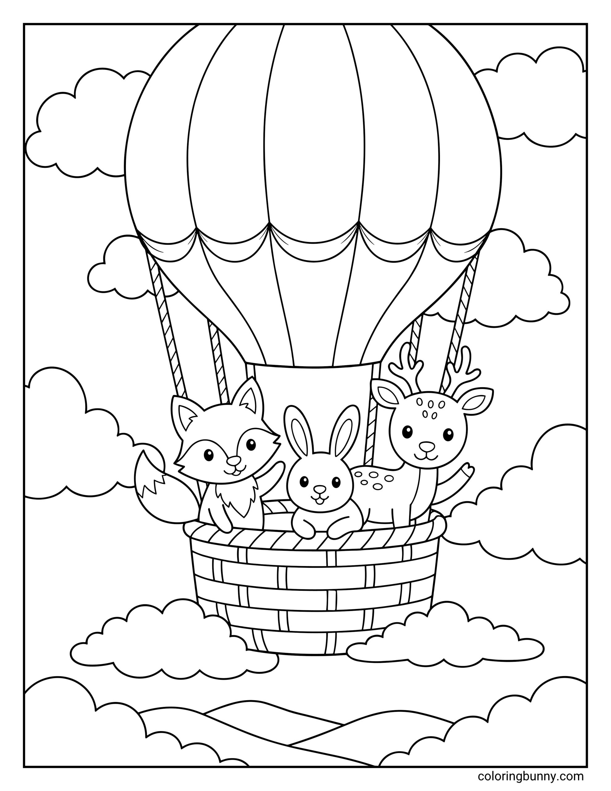 A coloring page showing a cute fox, bunny, and a small spotted deer smiling together inside a woven basket as they float in a large striped hot air balloon high among fluffy clouds.