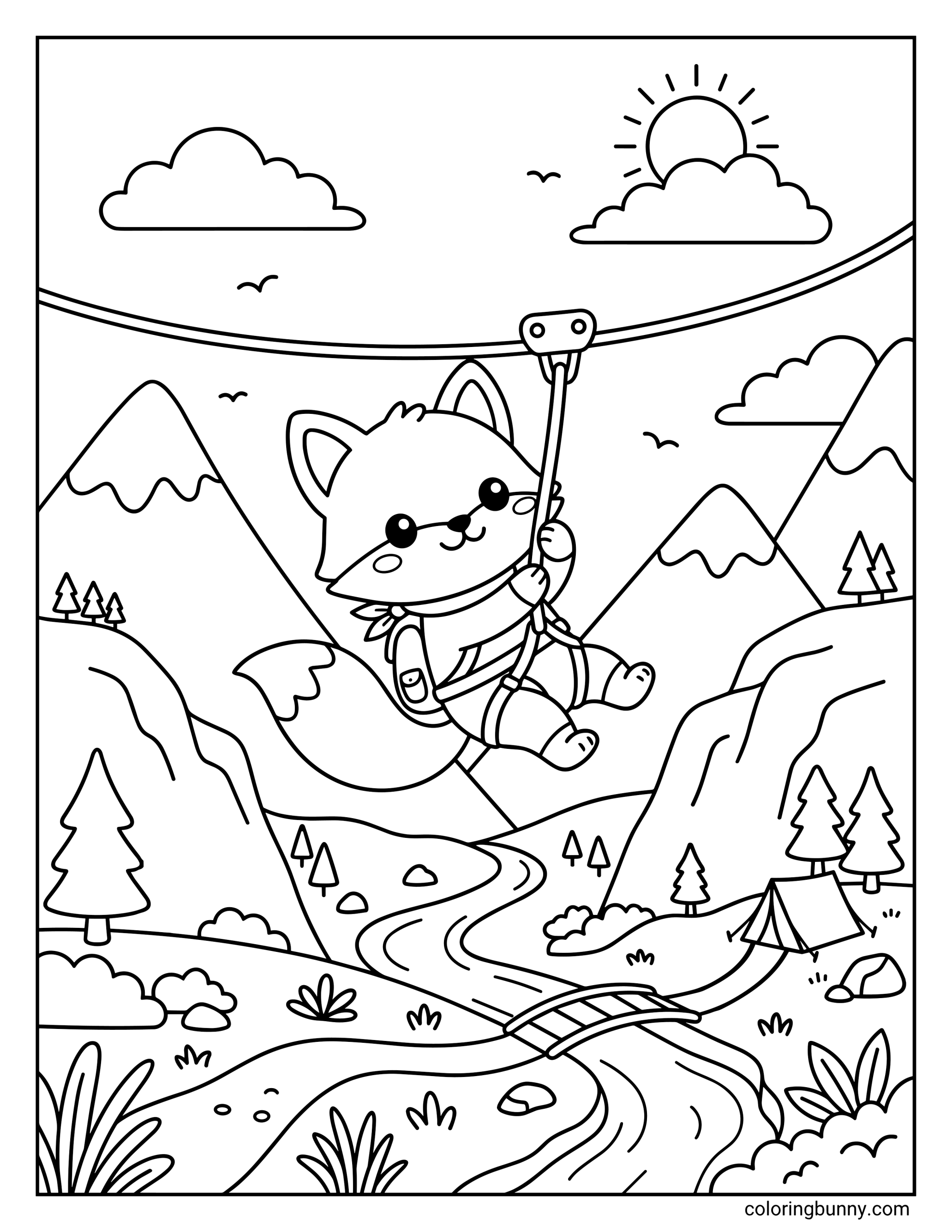 A coloring page showing a brave fox wearing a harness and a backpack, soaring high on a zipline cable over a valley with a winding river, mountains, pine trees, and a camping tent under a bright sun.