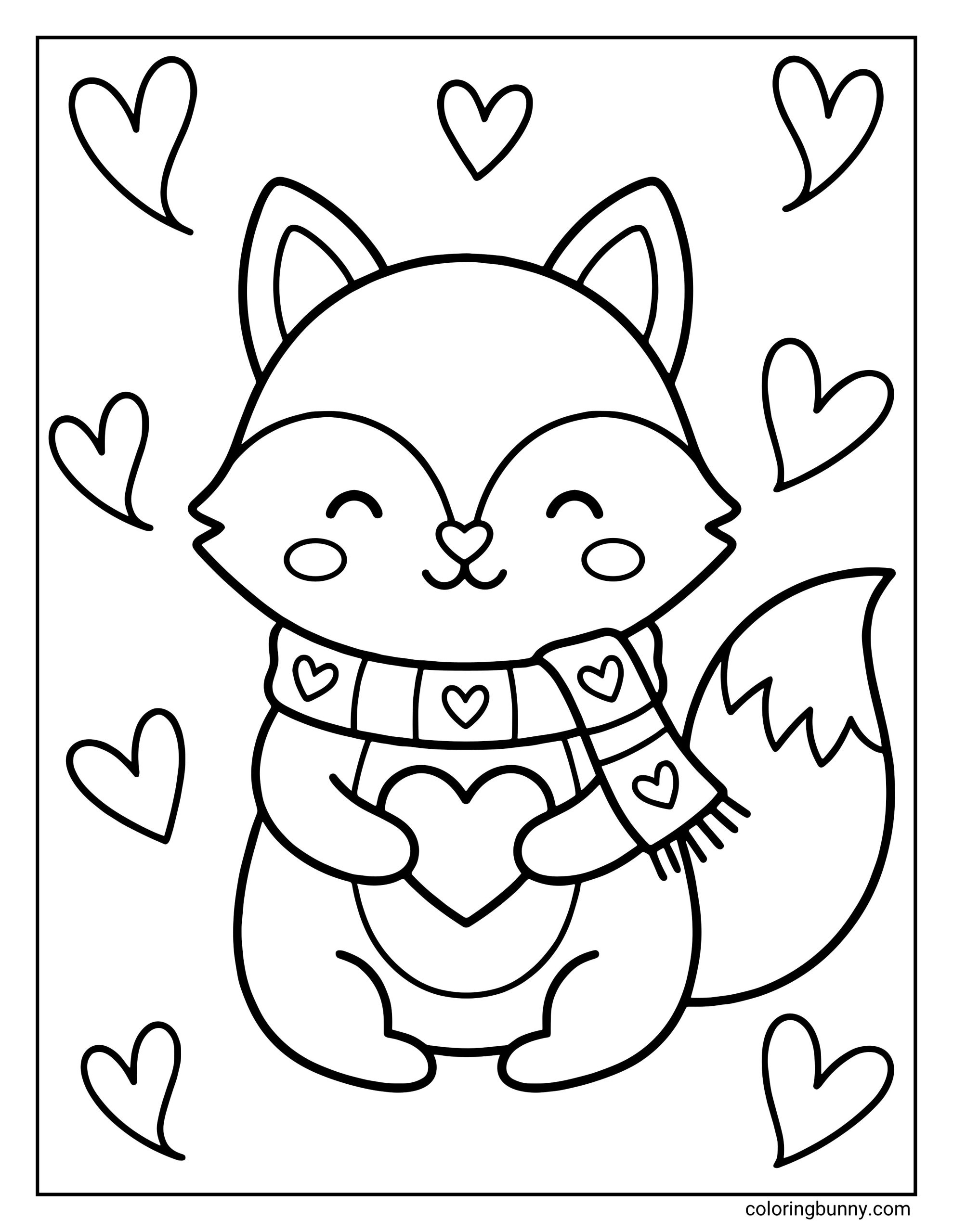 A Valentine's Day coloring page showing a happy, smiling cartoon fox wearing a heart-patterned scarf, holding a large heart, and surrounded by floating hearts.
